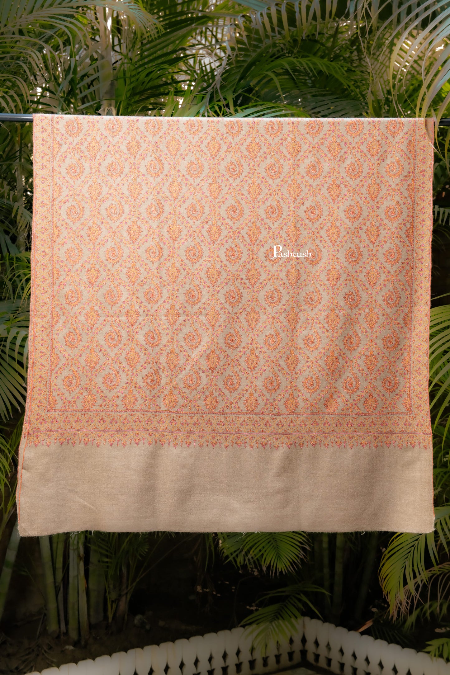 Pashtush India Womens Shawls Pashtush Pure Pashmina Shawl, Sozni Hand Embroidery, Hand Woven Design, Beige