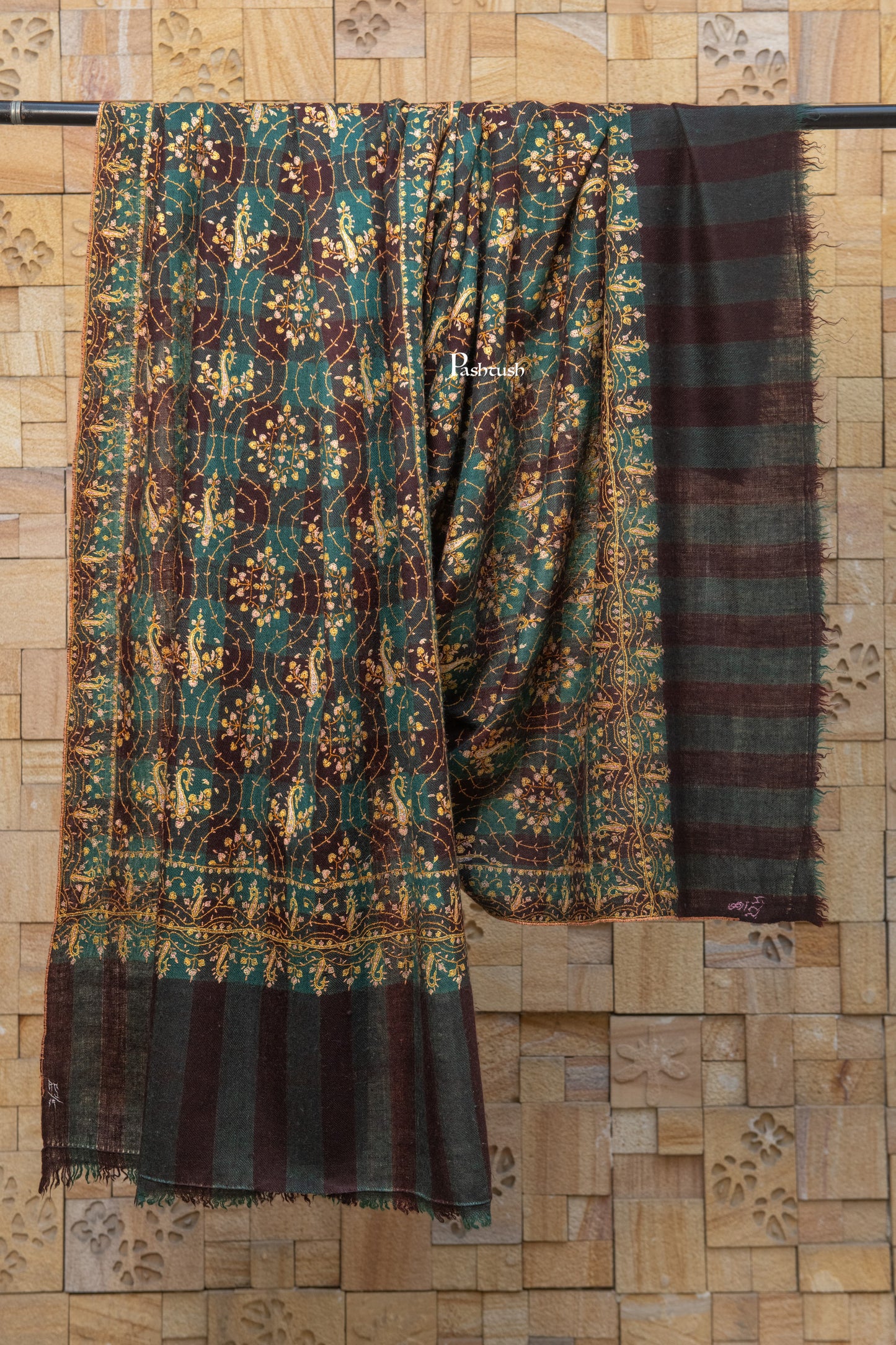 Pashtush India Womens Shawls Pashtush Pure Pashmina Shawl, Sozni Hand Embroidery, Hand Woven Design, Black