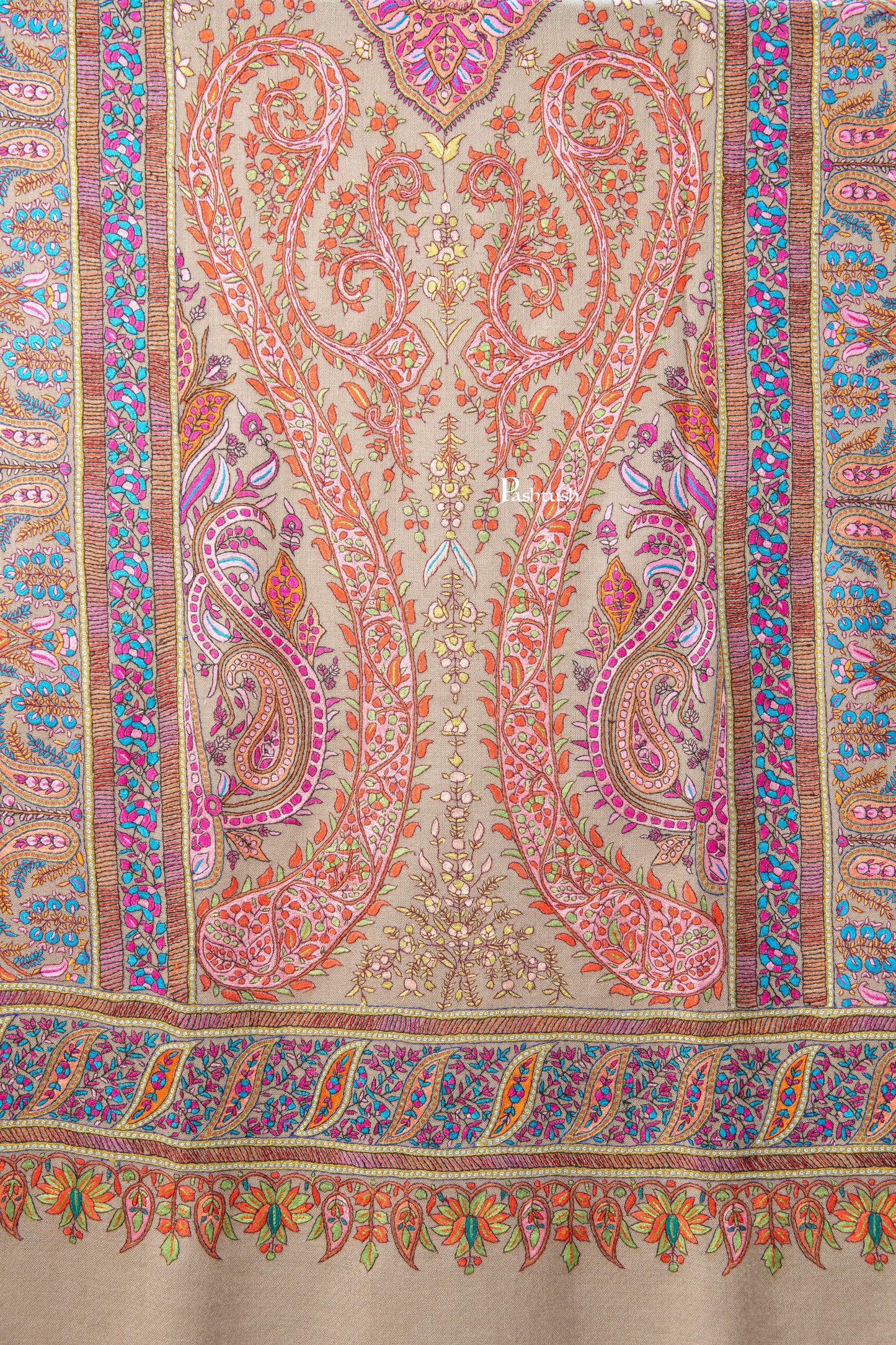 Pashtush India Womens Shawls Pashtush Pure Pashmina Shawl, Sozni Hand Embroidery, Hand Woven Design, Taupe
