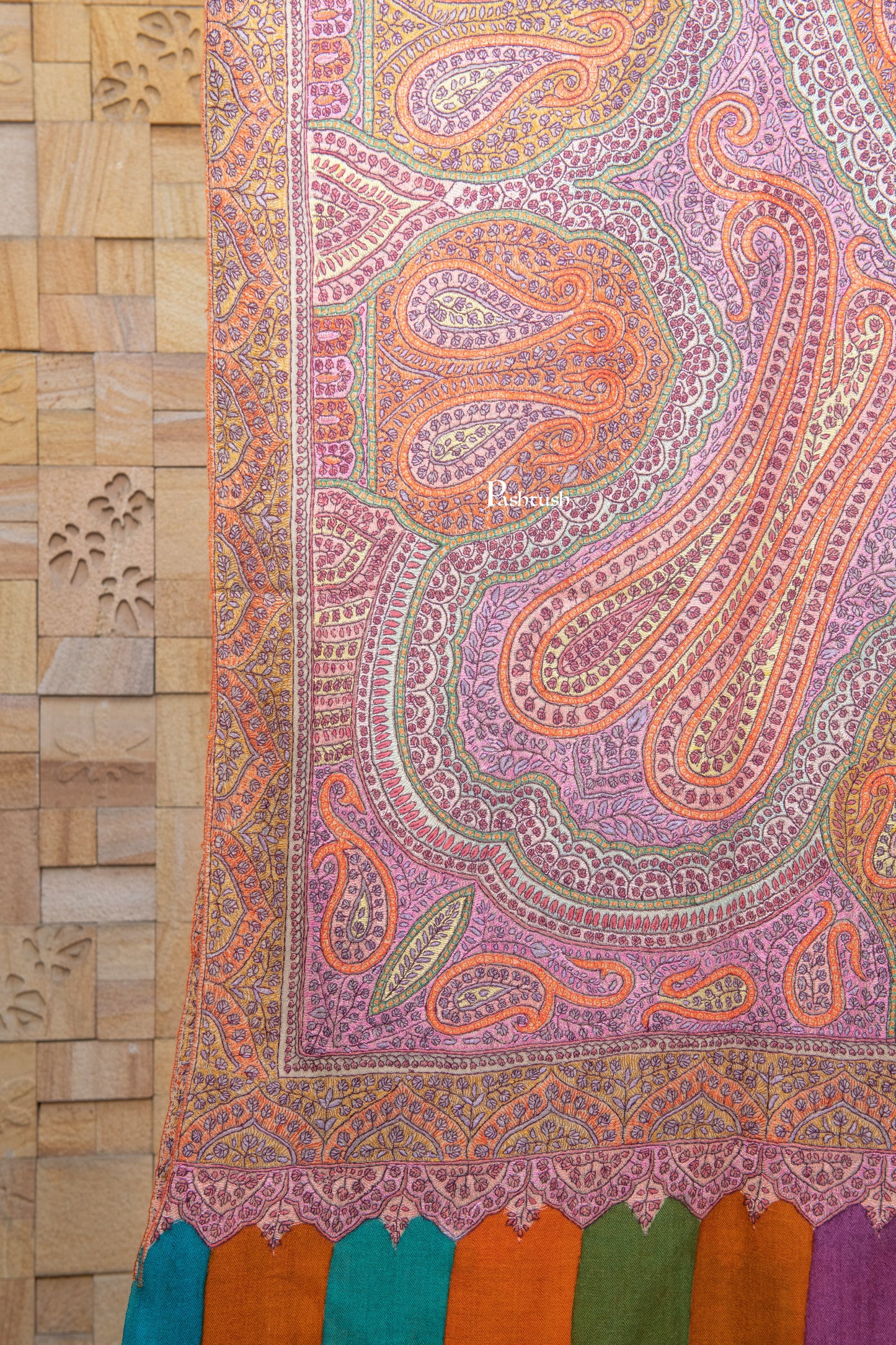 Pashtush India Womens Shawls Pashtush Pure Pashmina Shawl, Sozni Hand Embroidery, Hand Woven, Kalamkari Design, Multicolour