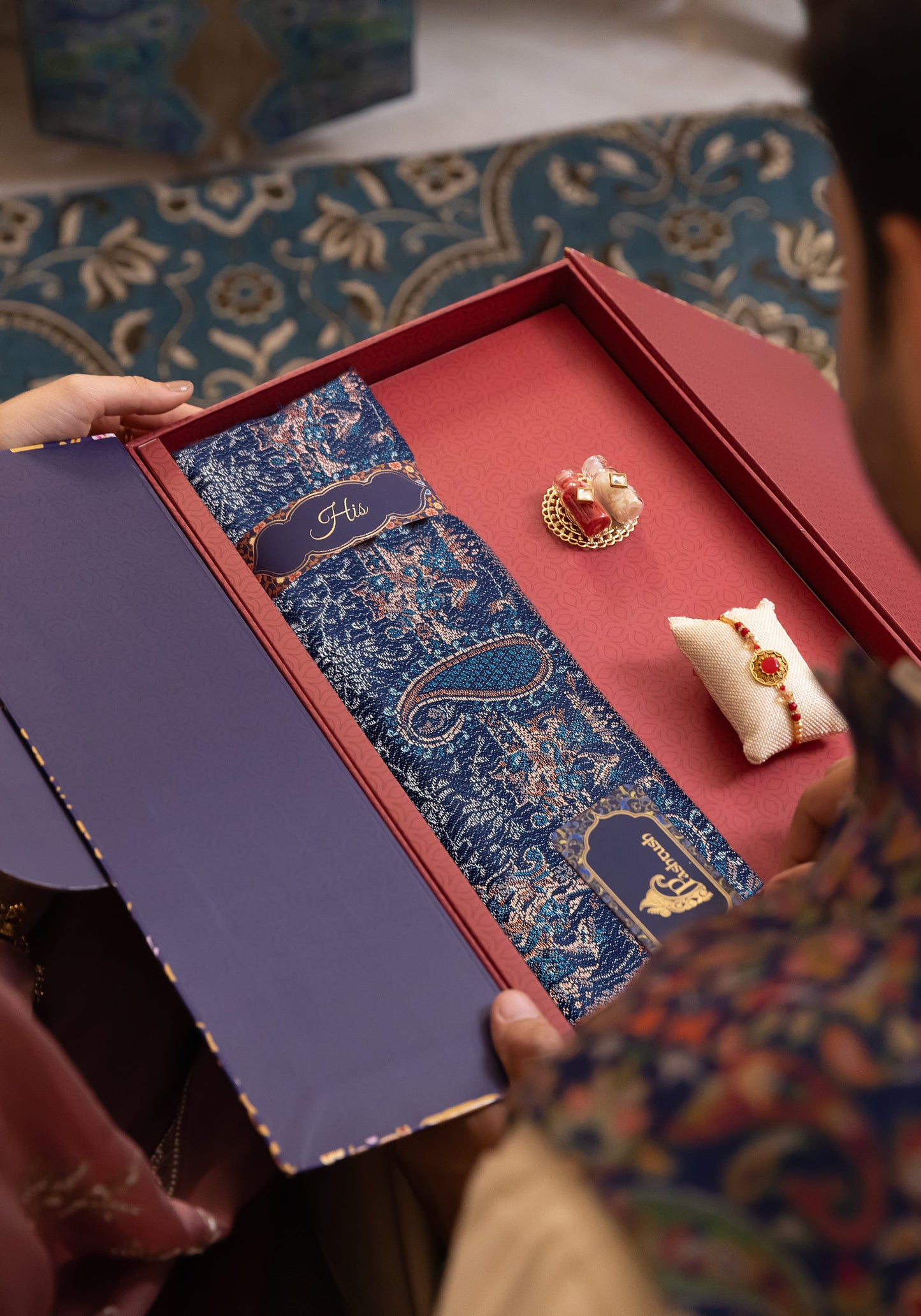 Pashtush India Gift Pack Pashtush Rakhi Gift Set, Mens Navy Blue Jamawar Stole with Rakhi and Tilak in Premium Gift Box