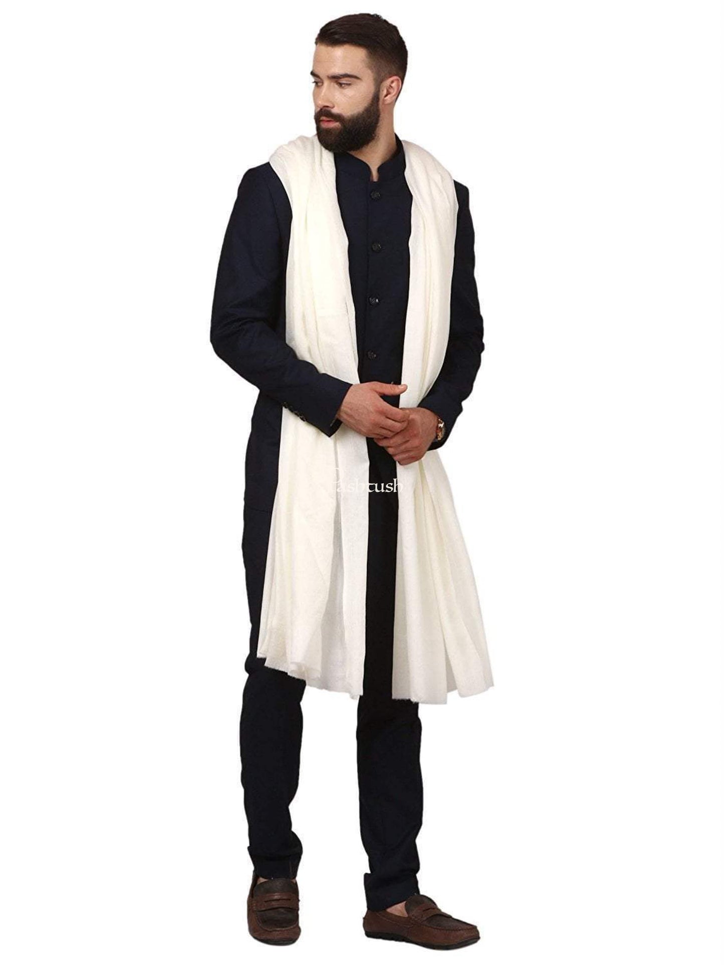 Pashtush India Mens Shawls Gents Shawl Pashtush Ring Mens 100% Pure wool Shawl, Full Size - Ivory