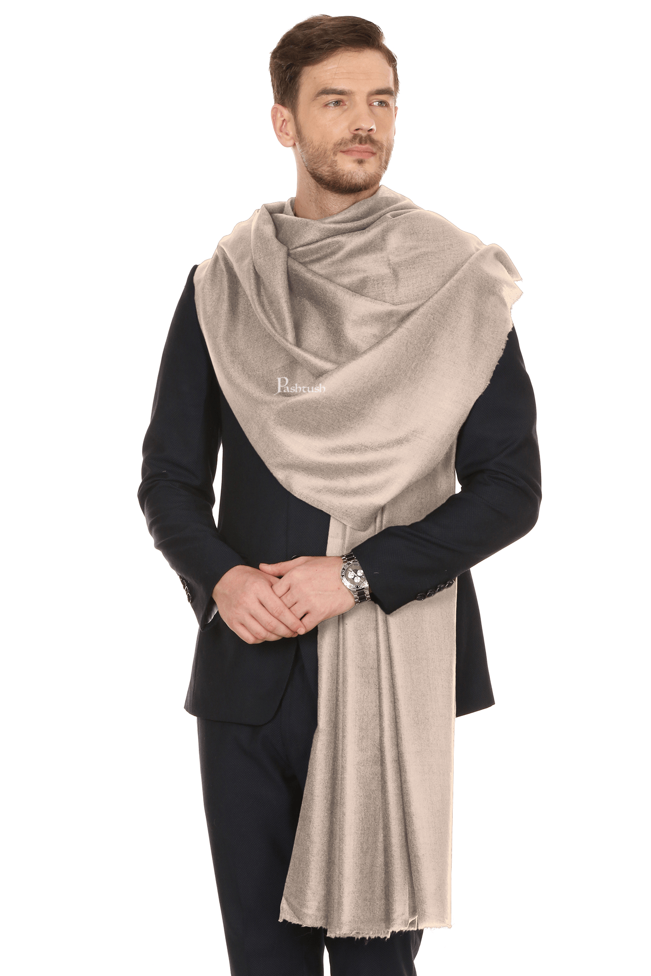 Pashtush India Mens Shawls Gents Shawl Pashtush Royal And Classy Fine Wool Mens Stole, Solid Beige