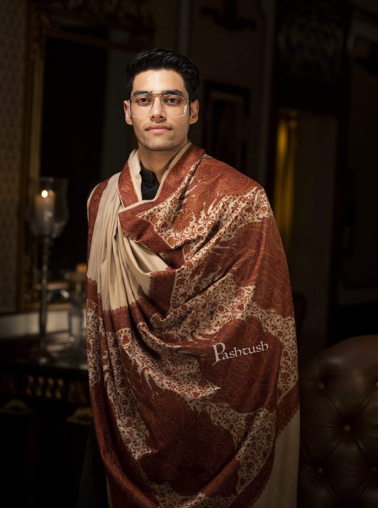 Pashtush India 127x254 Pashtush Super Fine Kashmiri Embroidery Pure Wool, Ring Shawl, full size - Taupe