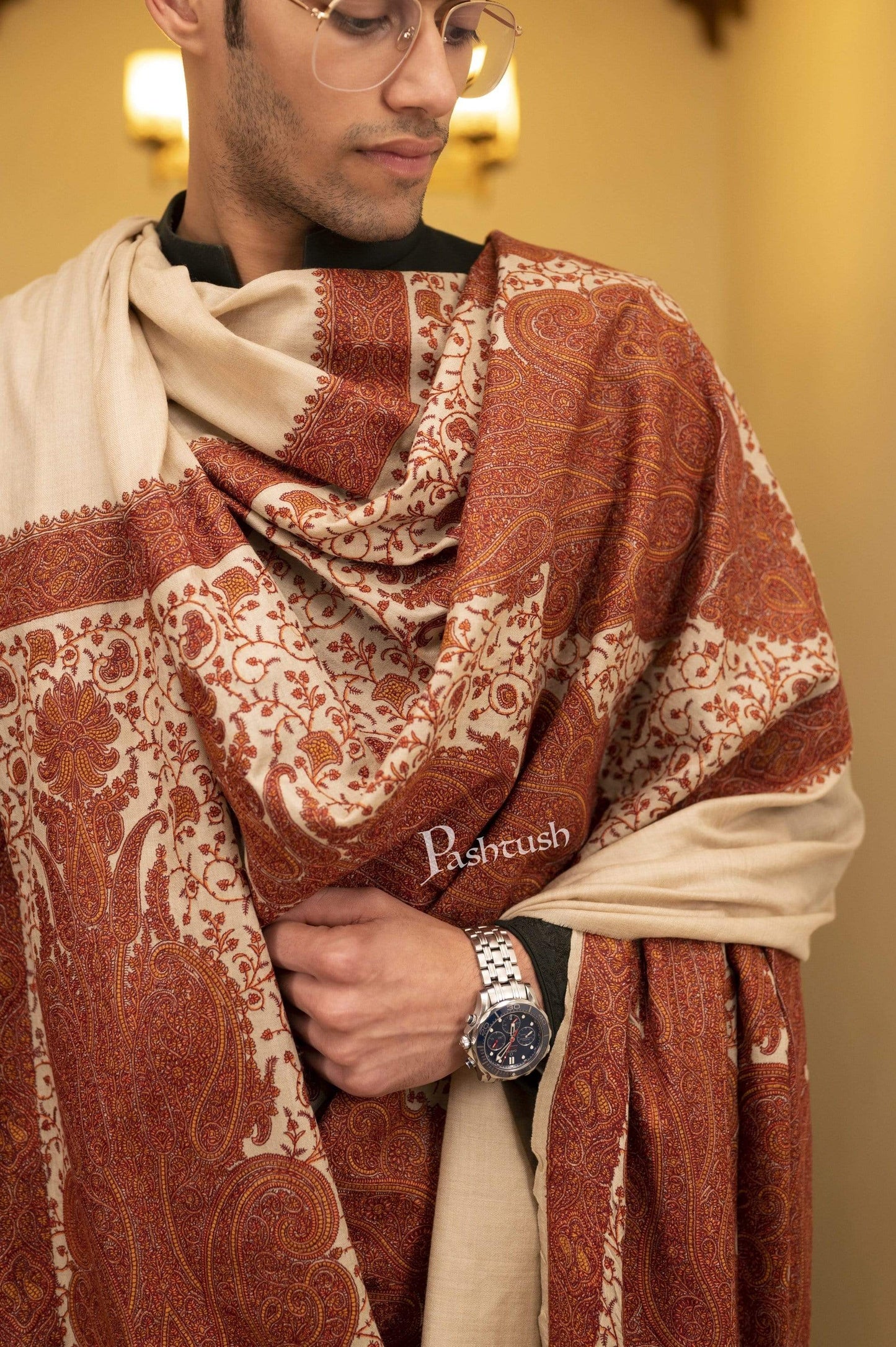 Pashtush India 127x254 Pashtush Super Fine Kashmiri Embroidery Pure Wool, Ring Shawl, full size - Taupe