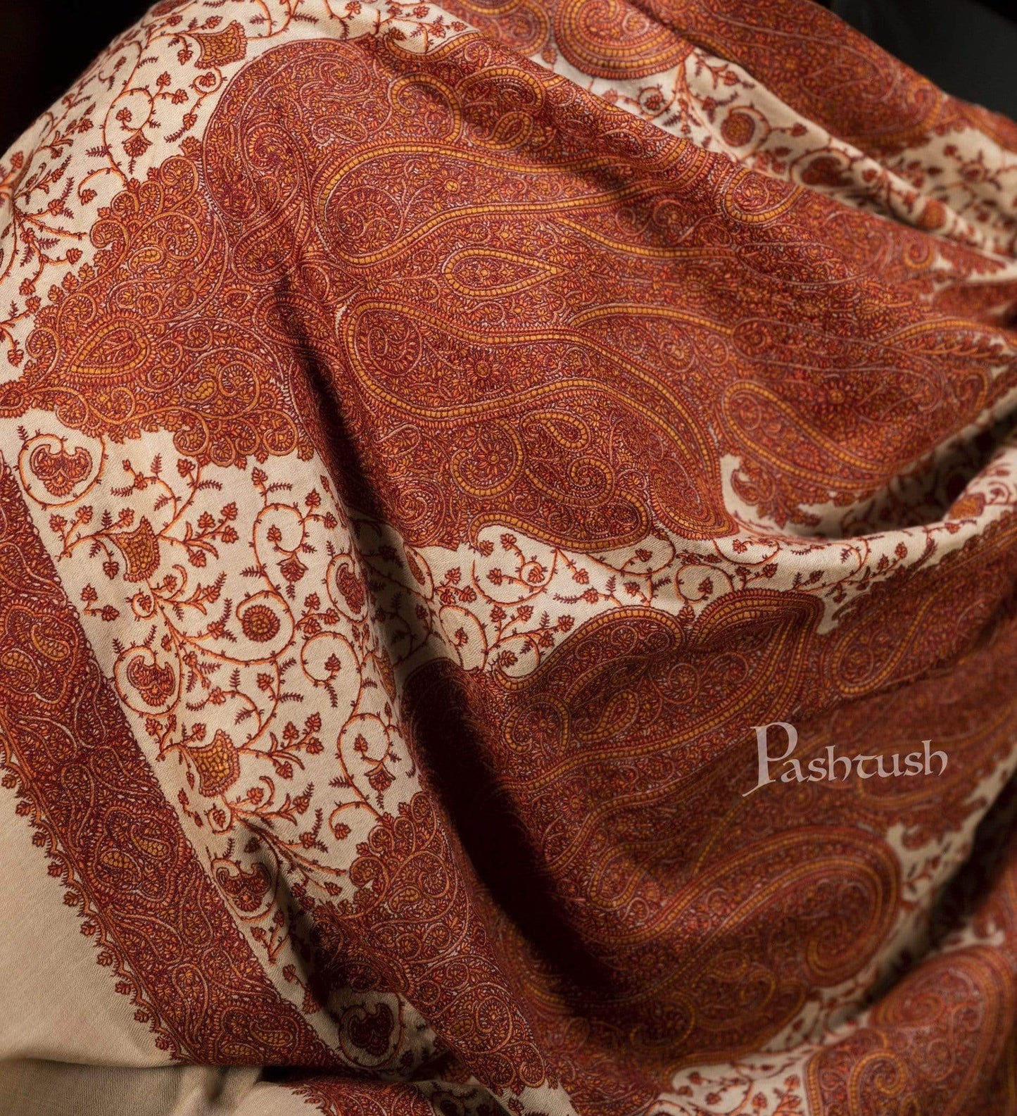 Pashtush India 127x254 Pashtush Super Fine Kashmiri Embroidery Pure Wool, Ring Shawl, full size - Taupe