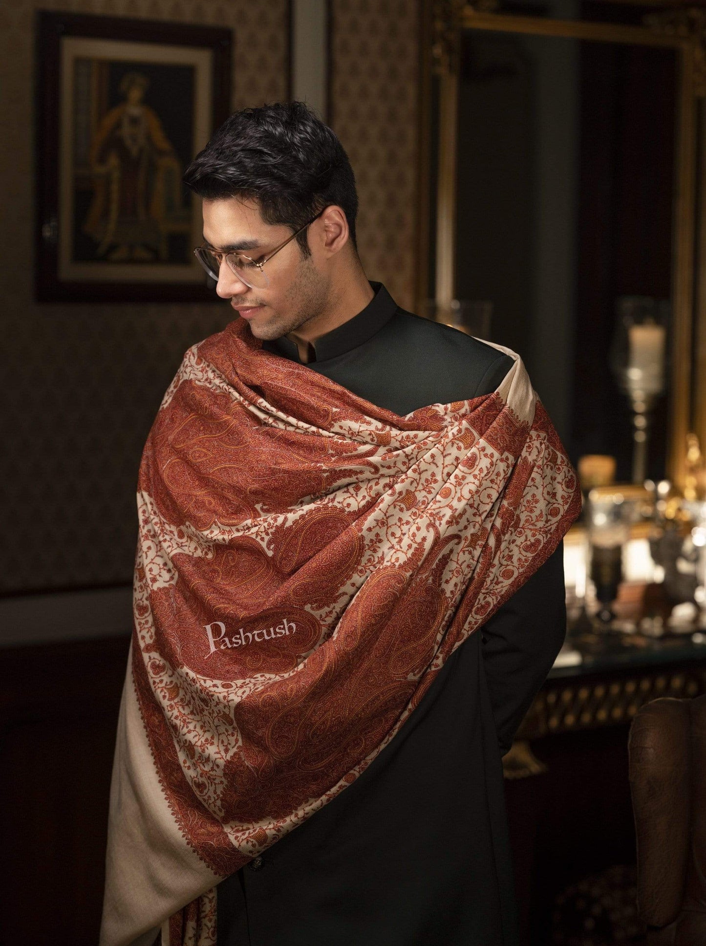 Pashtush India 127x254 Pashtush Super Fine Kashmiri Embroidery Pure Wool, Ring Shawl, full size - Taupe