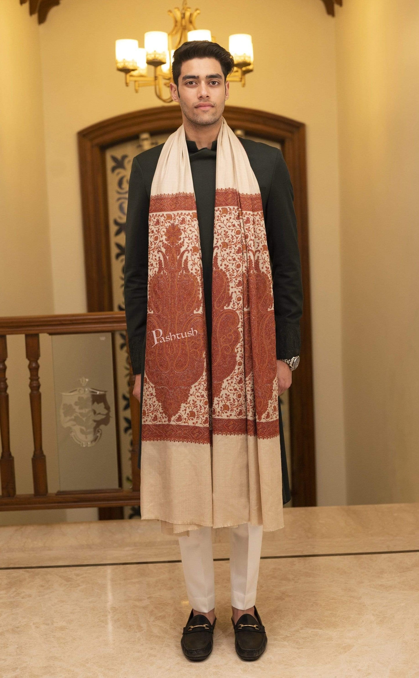 Pashtush India 127x254 Pashtush Super Fine Kashmiri Embroidery Pure Wool, Ring Shawl, full size - Taupe