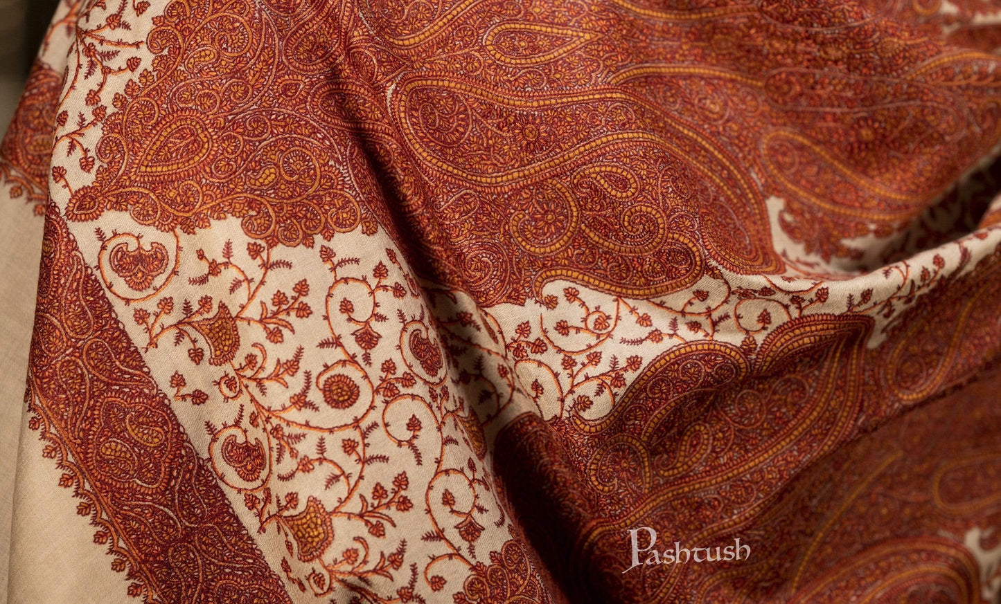 Pashtush India 127x254 Pashtush Super Fine Kashmiri Embroidery Pure Wool, Ring Shawl, full size - Taupe