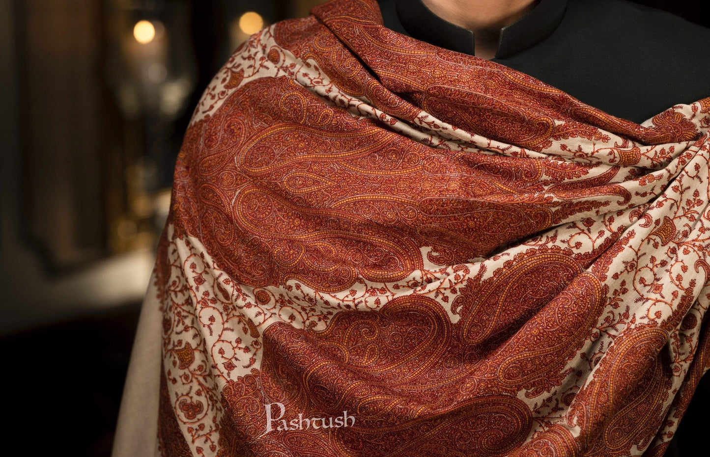 Pashtush India 127x254 Pashtush Super Fine Kashmiri Embroidery Pure Wool, Ring Shawl, full size - Taupe