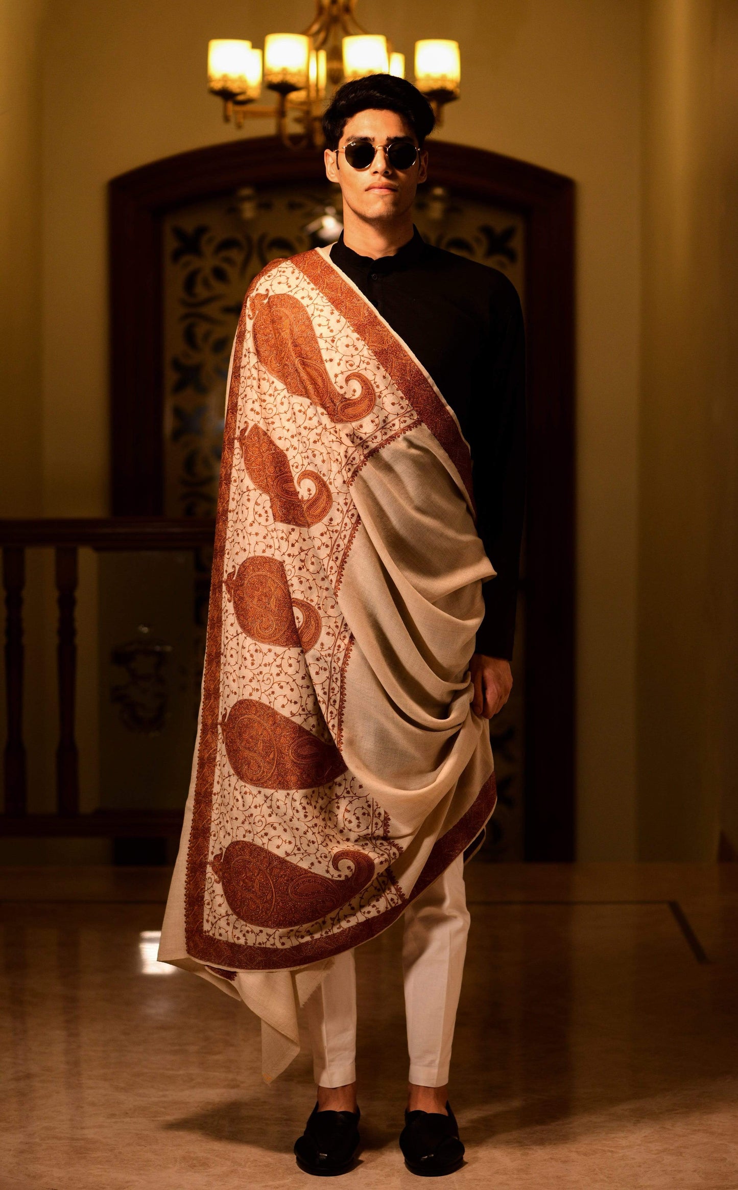 Pashtush Store Shawl Pashtush Super Fine Kashmiri Embroidery Ring Shawl, full size 54x108 inches - Beige