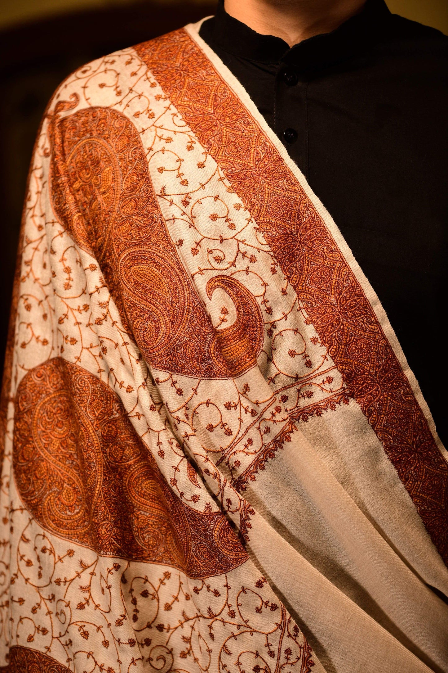 Pashtush Store Shawl Pashtush Super Fine Kashmiri Embroidery Ring Shawl, full size 54x108 inches - Beige