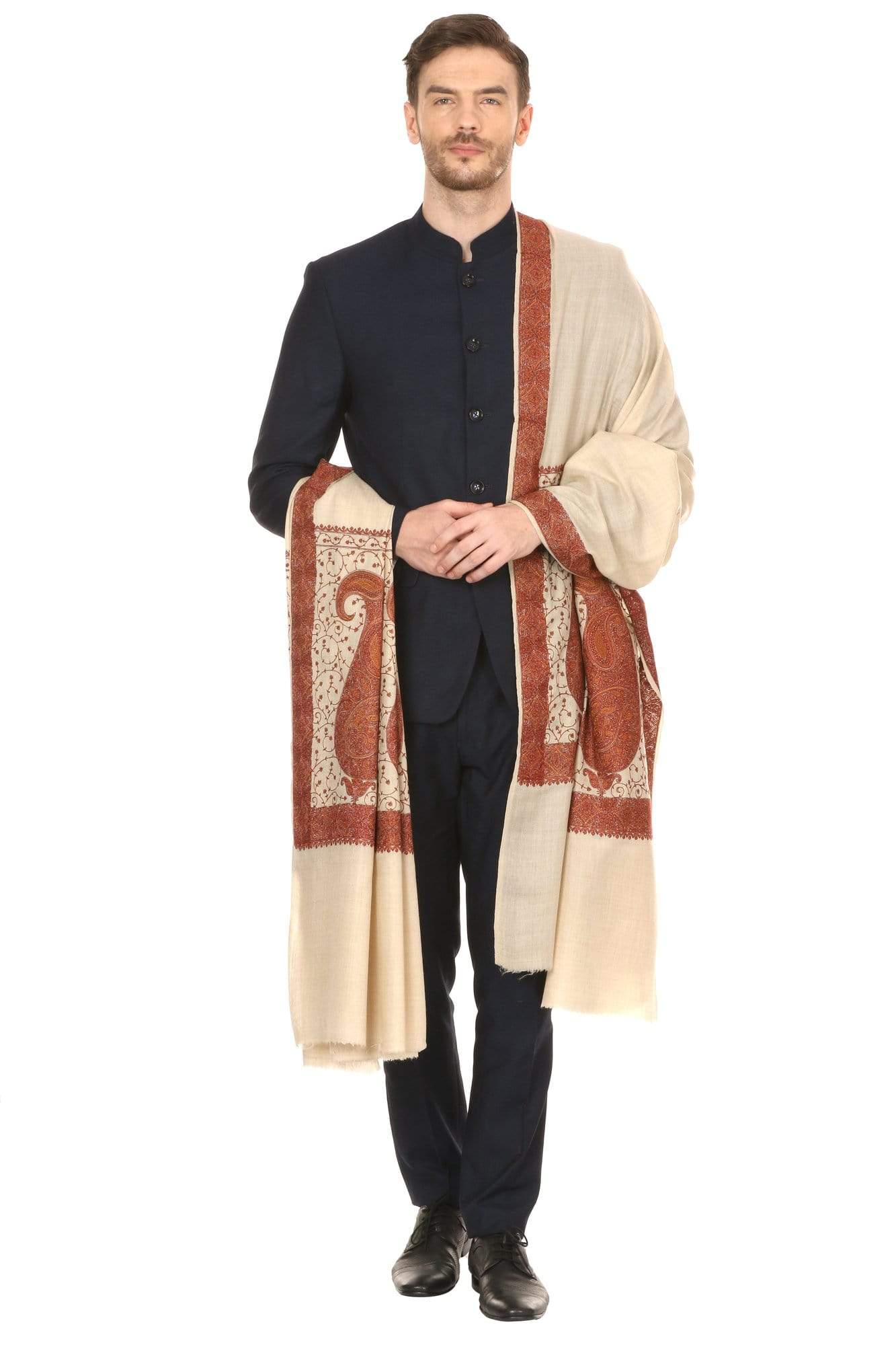 Pashtush Store Shawl Pashtush Super Fine Kashmiri Embroidery Ring Shawl, full size 54x108 inches - Beige