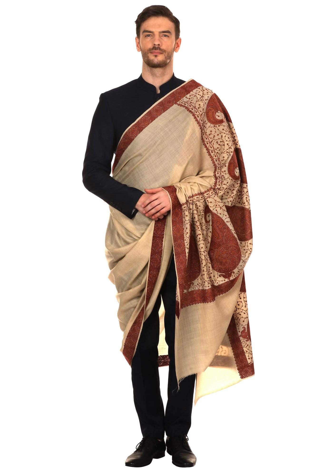 Pashtush Store Shawl Pashtush Super Fine Kashmiri Embroidery Ring Shawl, full size 54x108 inches - Beige