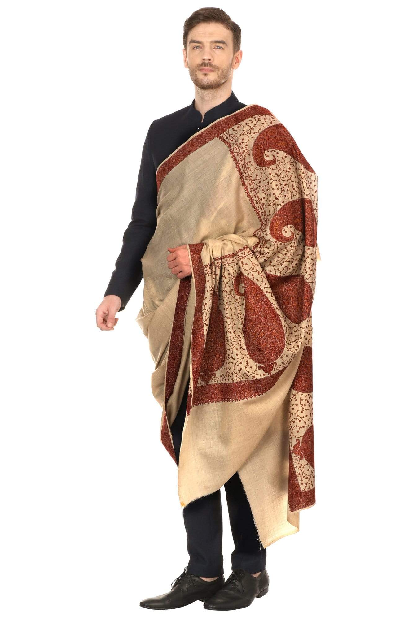 Pashtush Store Shawl Pashtush Super Fine Kashmiri Embroidery Ring Shawl, full size 54x108 inches - Beige