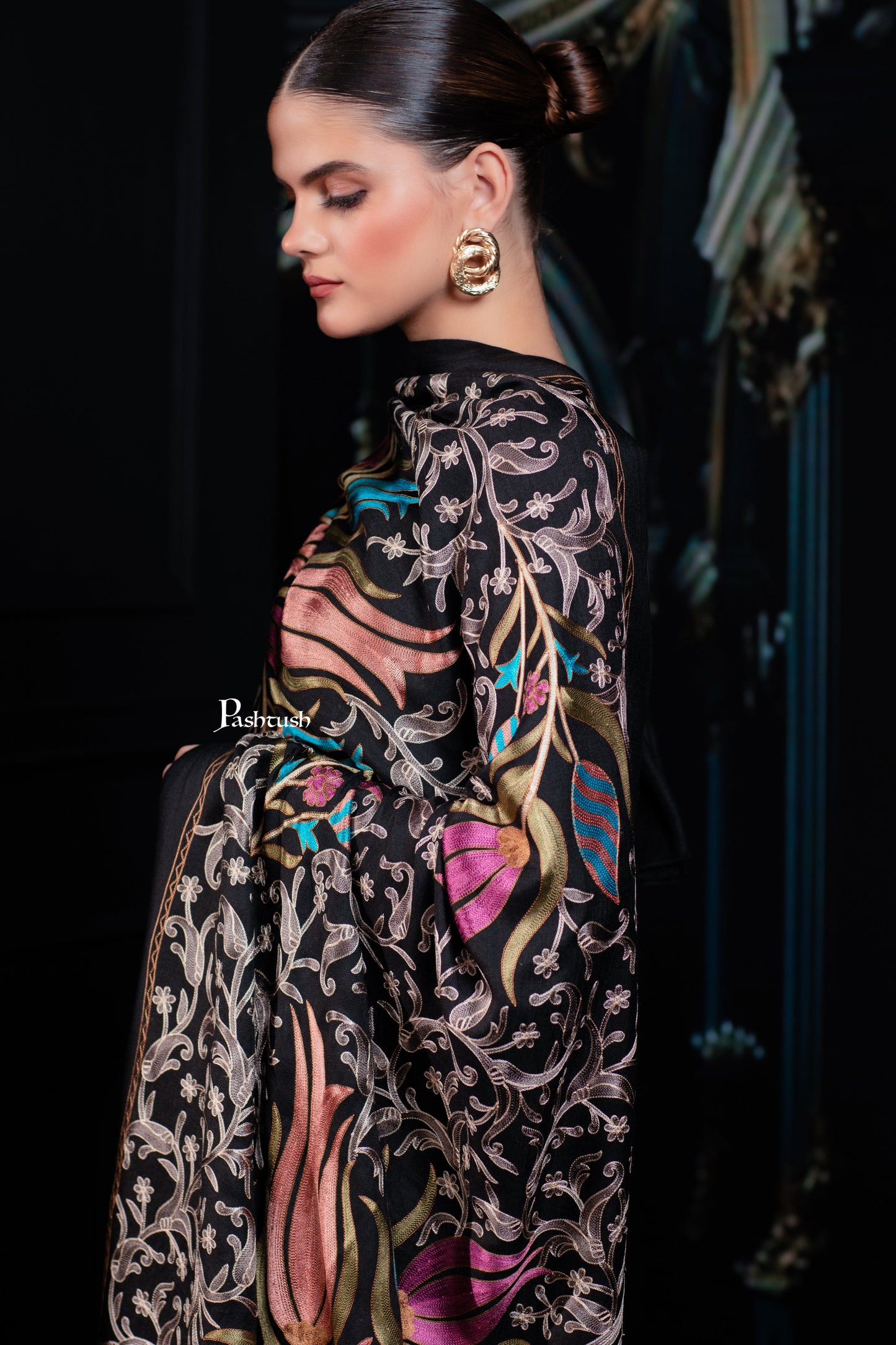 Pashtush India womens scarf and Stoles Pashtush Tres Chic Regal Collection, Floral Embroidery, Extra Soft Fine Wool Stole, Scarf, Rich Black
