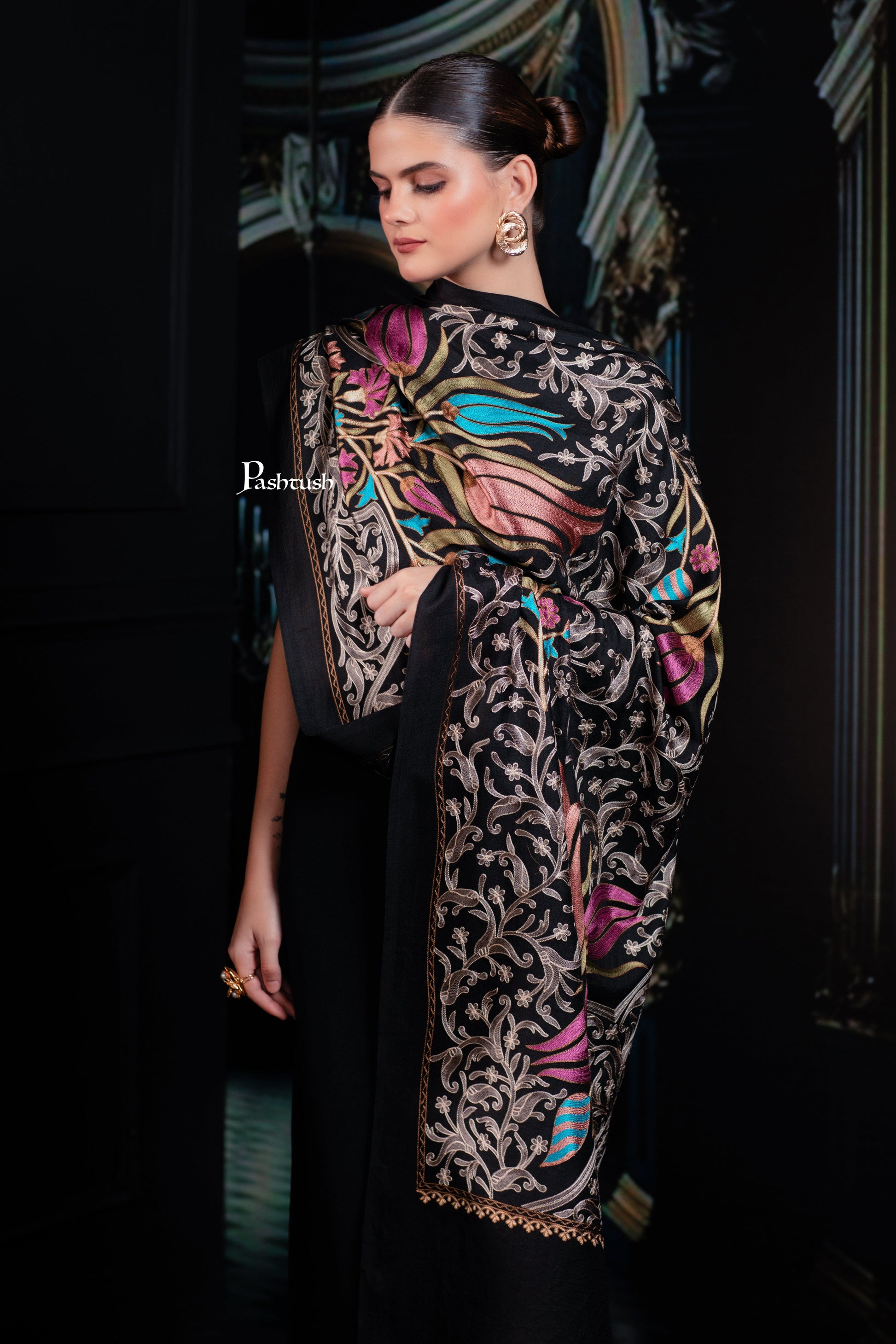 Pashtush India womens scarf and Stoles Pashtush Tres Chic Regal Collection, Floral Embroidery, Extra Soft Fine Wool Stole, Scarf, Rich Black