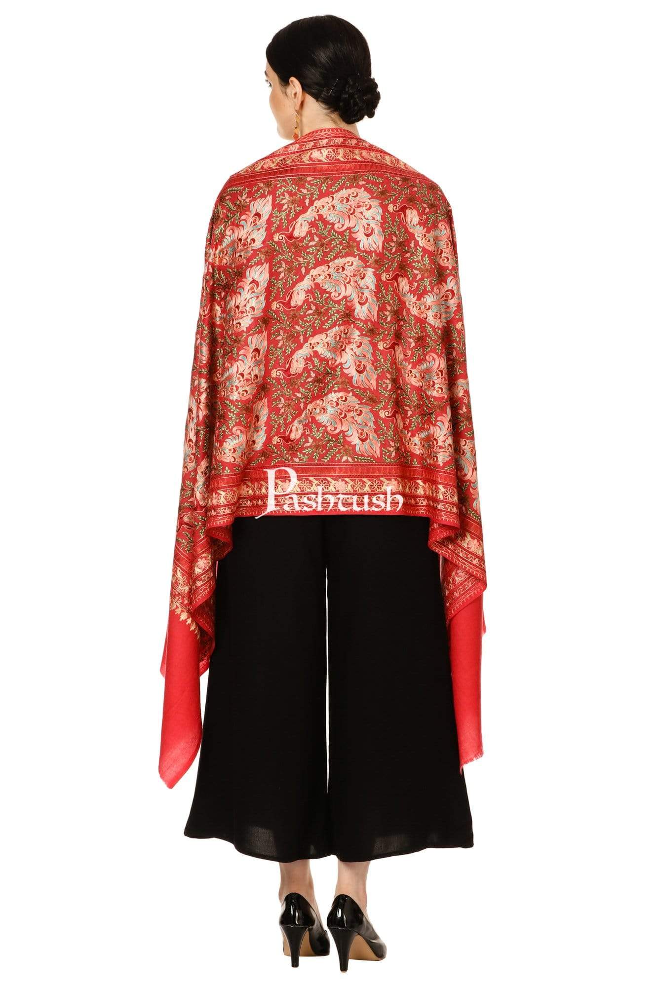 Pashtush Shawl Store Stole Pashtush Tres Chic Regal Collection, Wool Embroidery Nalki Shawl Scarf, Morning Rose