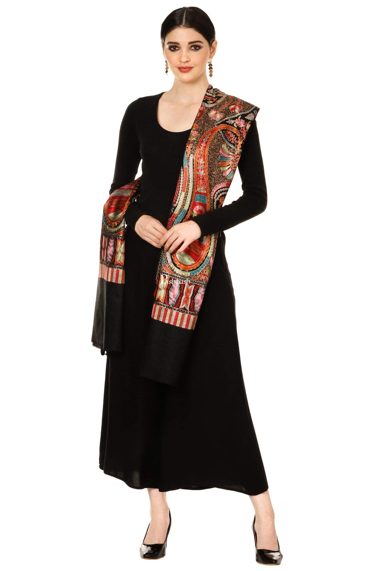 Pashtush India 70x200 Pashtush Tres Chic Regal Collection, Wool Embroidery Nalki Shawl Scarf, Rich Black