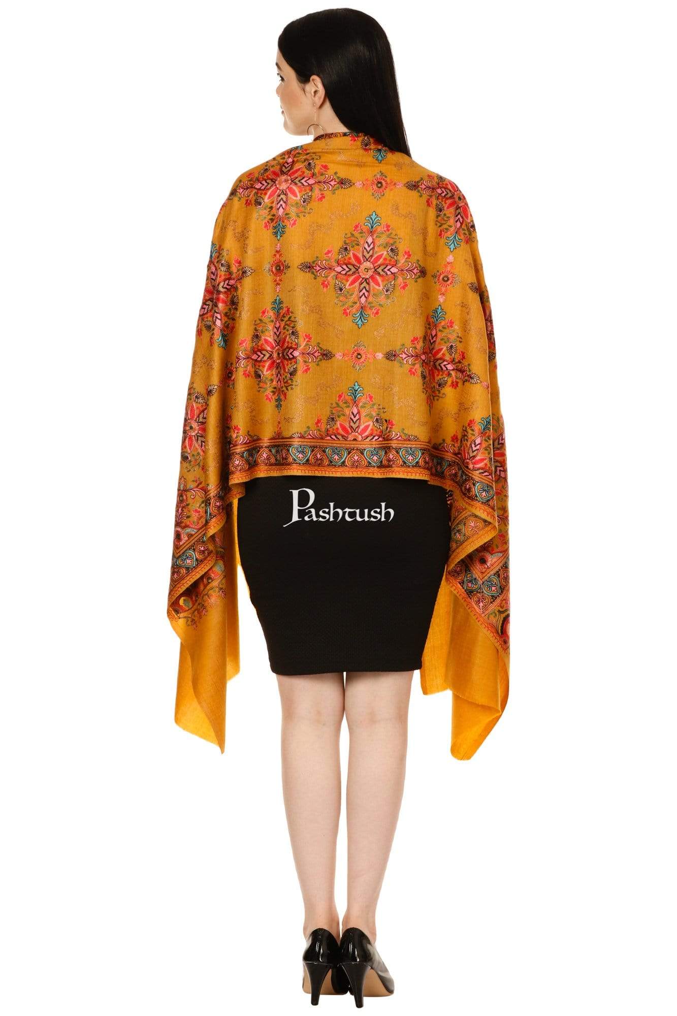Pashtush Shawl Store Stole Pashtush Tres Chic Regal Collection, Wool Embroidery Nalki Shawl Scarf, Rich Mustard