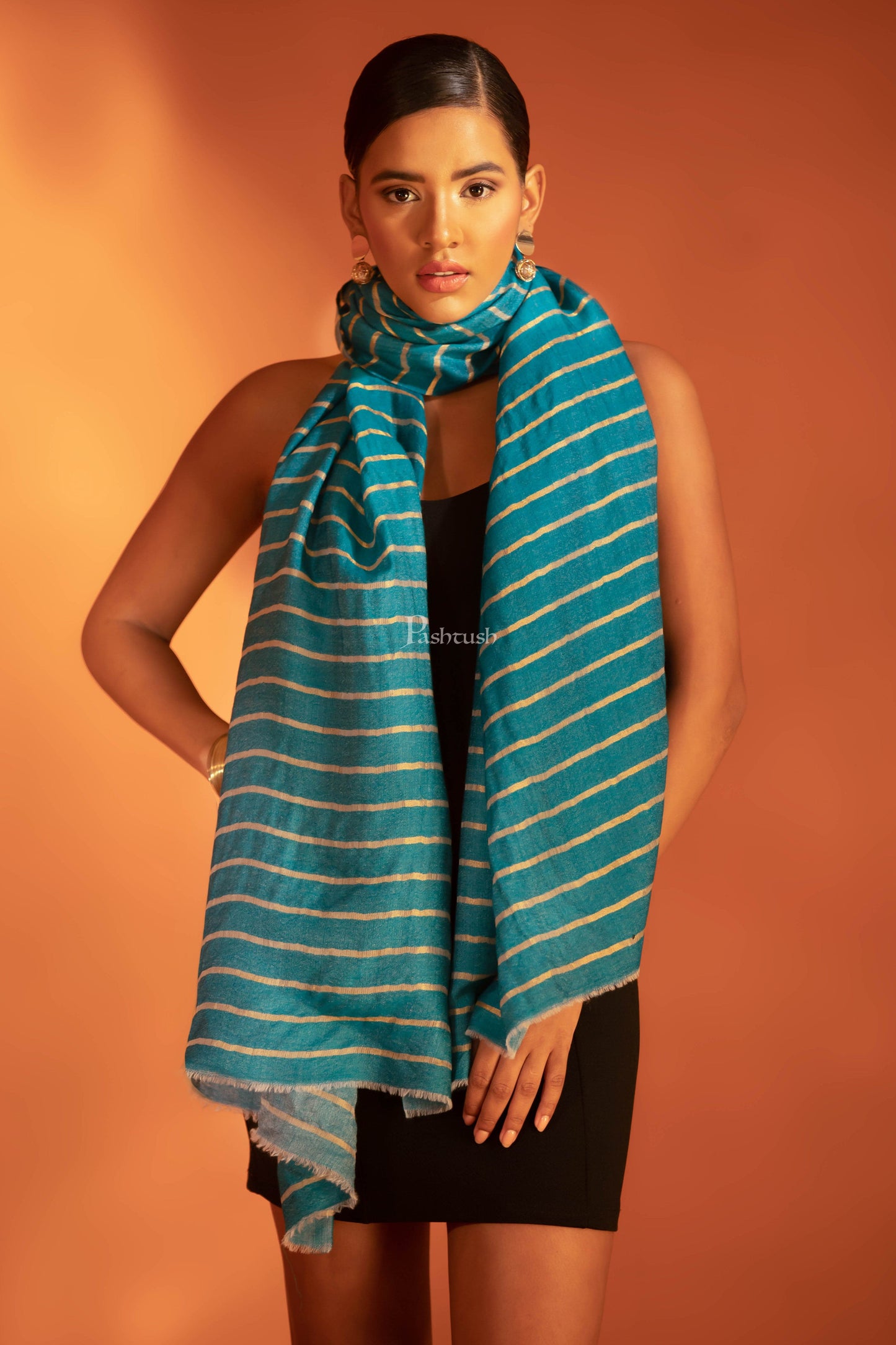 Pashtush India womens scarf and Stoles Pashtush Twilight Stole, With Woven Metallic Thread, Silk Wool, Blue and gold