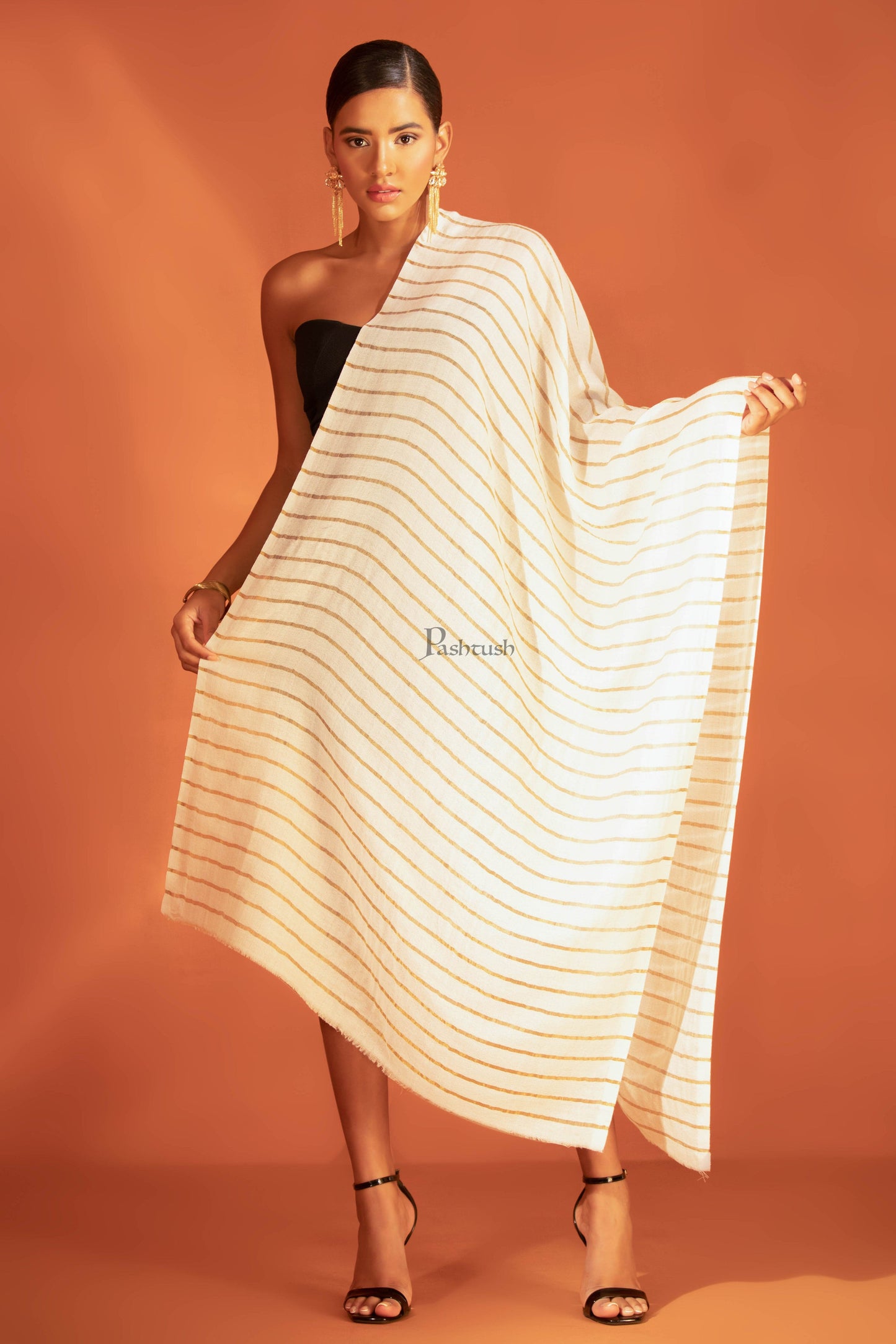 Pashtush India womens scarf and Stoles Pashtush Twilight Stole, With Woven Metallic Thread, Silk Wool, Striped Gold and Ivory