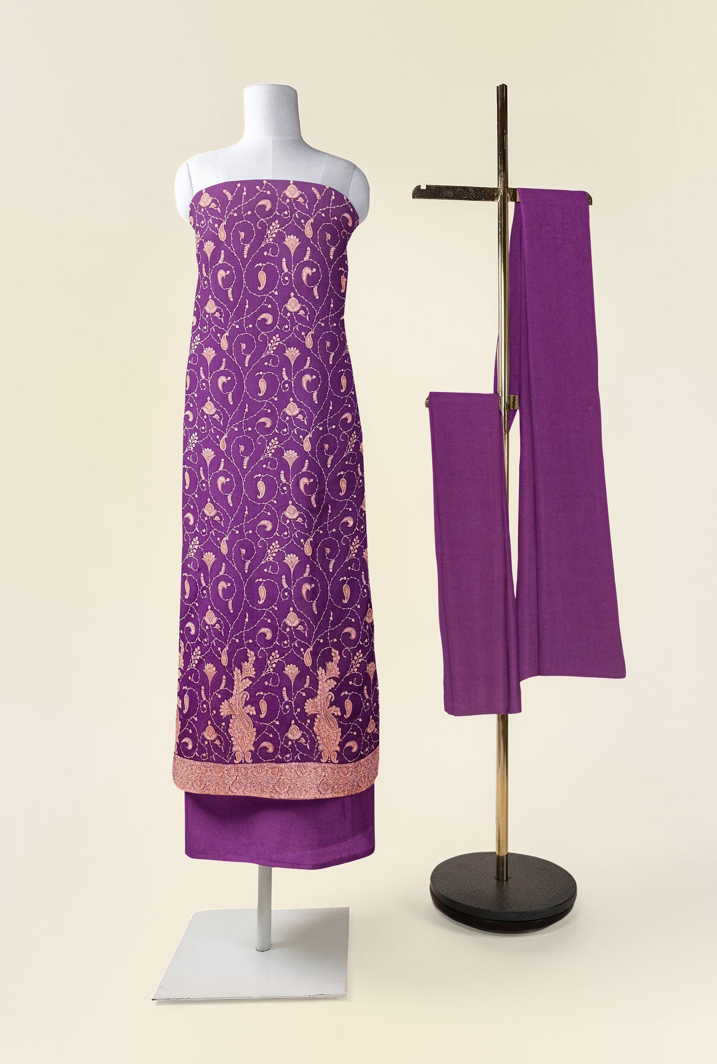 Pashtush India Apparel & Accessories Pashtush Unstitched Kashmiri Embroidery Suit, Fine Wool, Soft and Warm, Mauve
