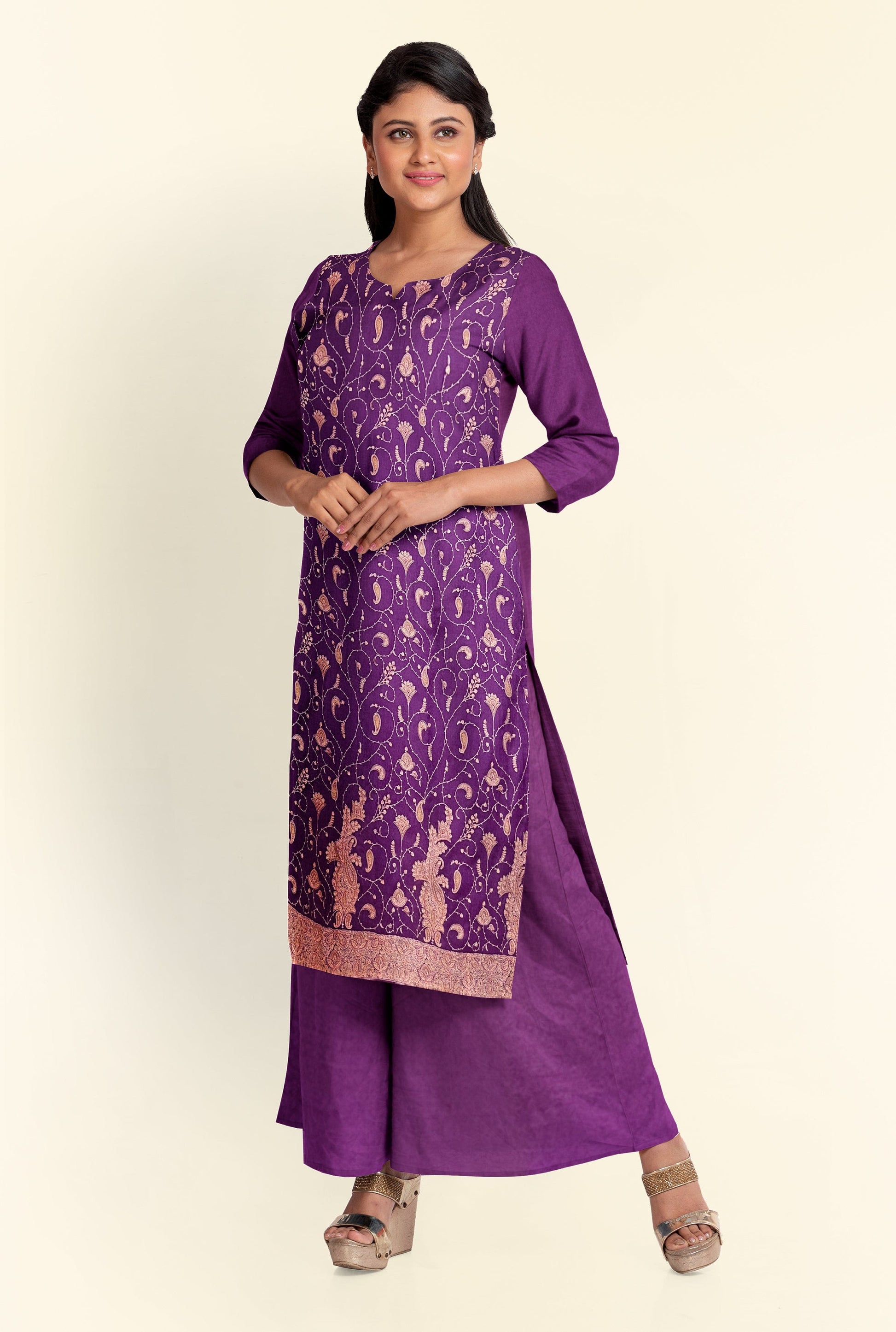 Pashtush India Apparel & Accessories Pashtush Unstitched Kashmiri Embroidery Suit, Fine Wool, Soft and Warm, Mauve