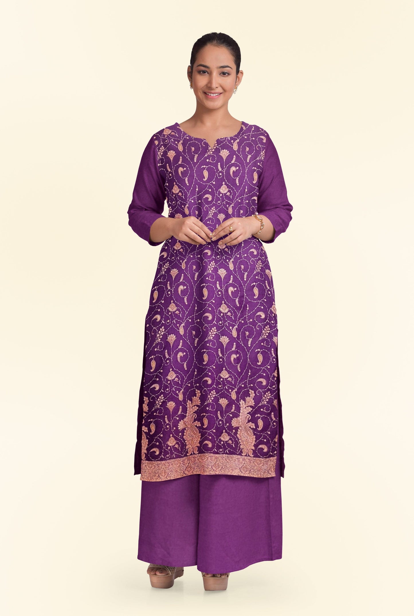 Pashtush India Apparel & Accessories Pashtush Unstitched Kashmiri Embroidery Suit, Fine Wool, Soft and Warm, Mauve