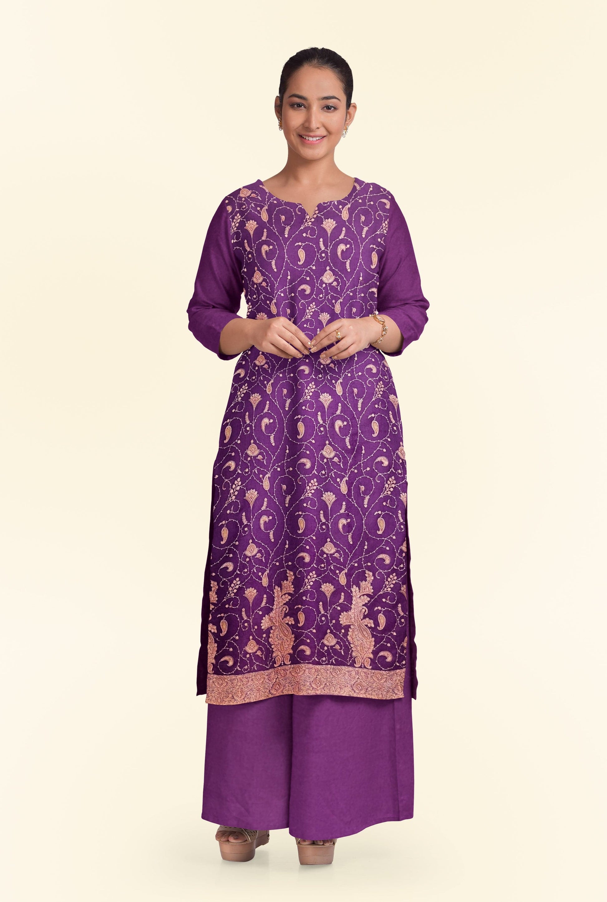 Pashtush India Apparel & Accessories Pashtush Unstitched Kashmiri Embroidery Suit, Fine Wool, Soft and Warm, Mauve