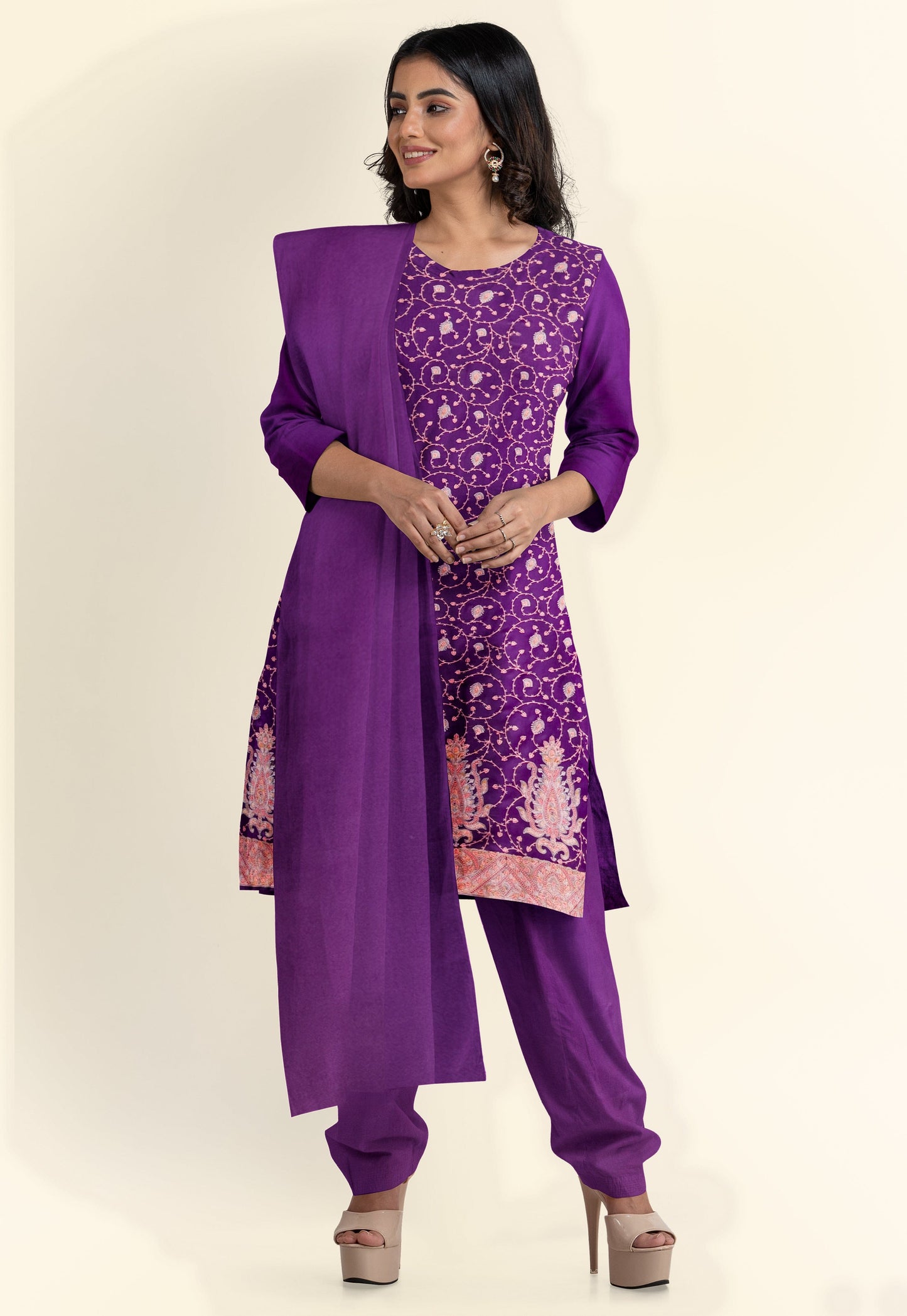 Pashtush India Apparel & Accessories Pashtush Unstitched Kashmiri Embroidery Suit, Fine Wool, Soft and Warm, Purple