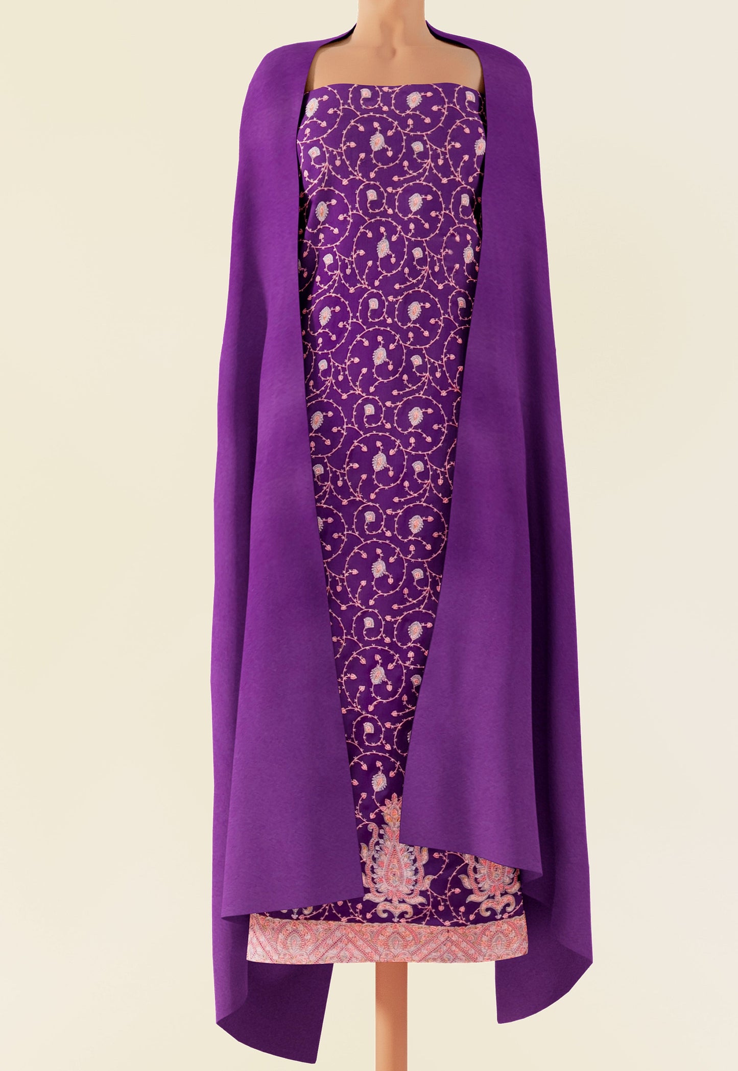 Pashtush India Apparel & Accessories Pashtush Unstitched Kashmiri Embroidery Suit, Fine Wool, Soft and Warm, Purple