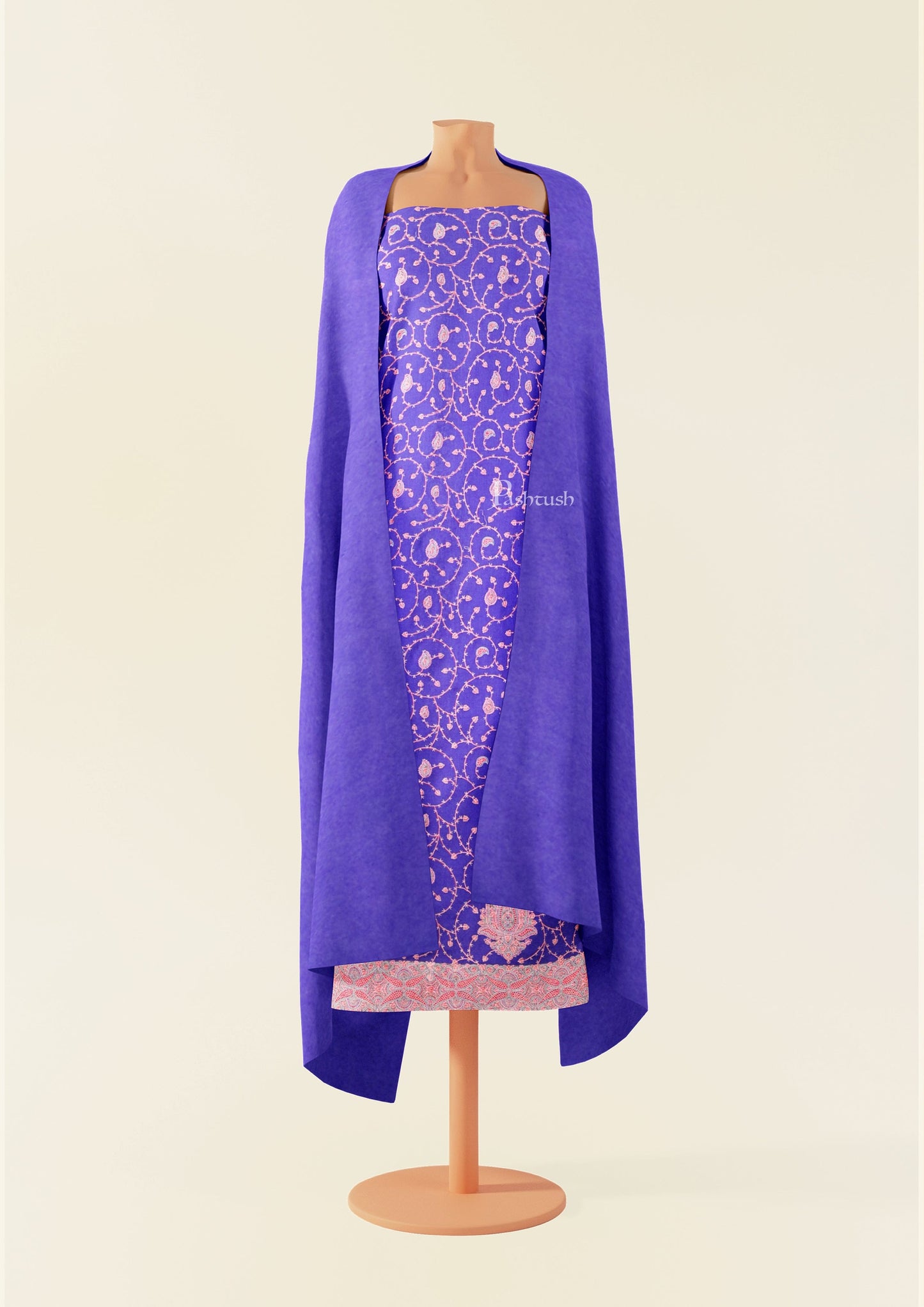 Pashtush India Apparel & Accessories Pashtush Unstitched Kashmiri Embroidery Suit with shawl, Fine Wool, Soft and Warm, Blue