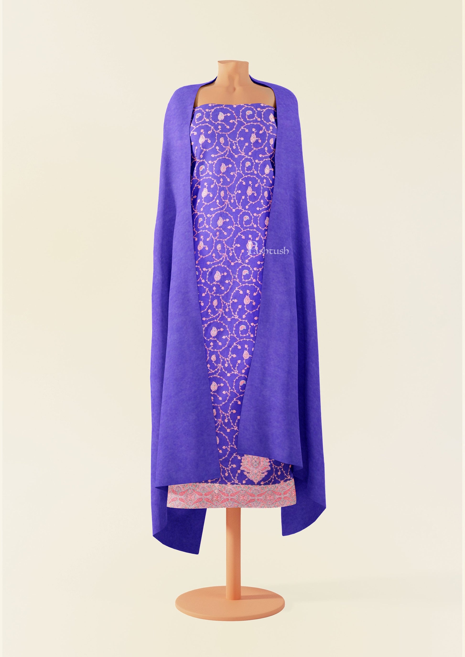 Pashtush India Apparel & Accessories Pashtush Unstitched Kashmiri Embroidery Suit with shawl, Fine Wool, Soft and Warm, Blue