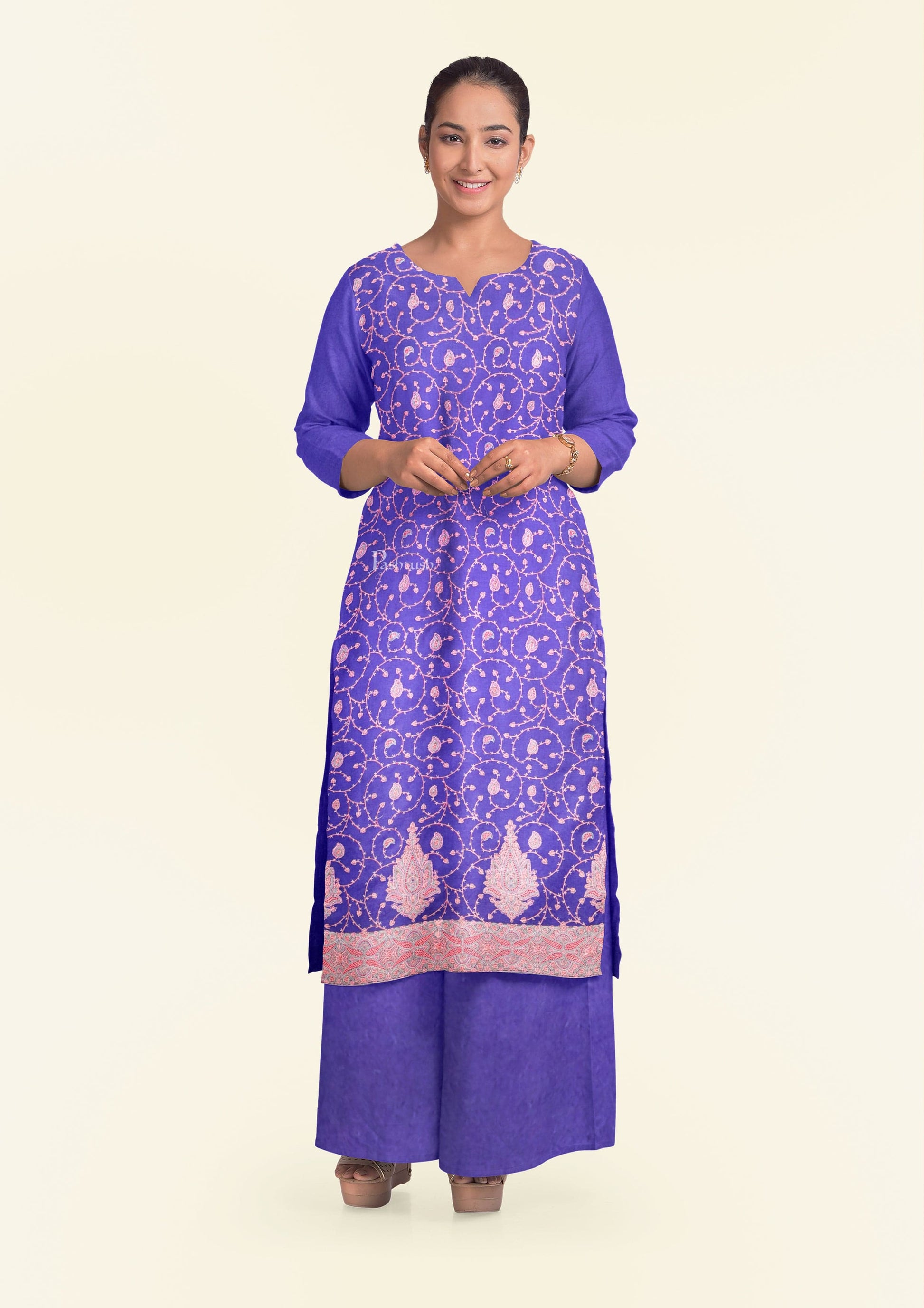 Pashtush India Apparel & Accessories Pashtush Unstitched Kashmiri Embroidery Suit with shawl, Fine Wool, Soft and Warm, Blue