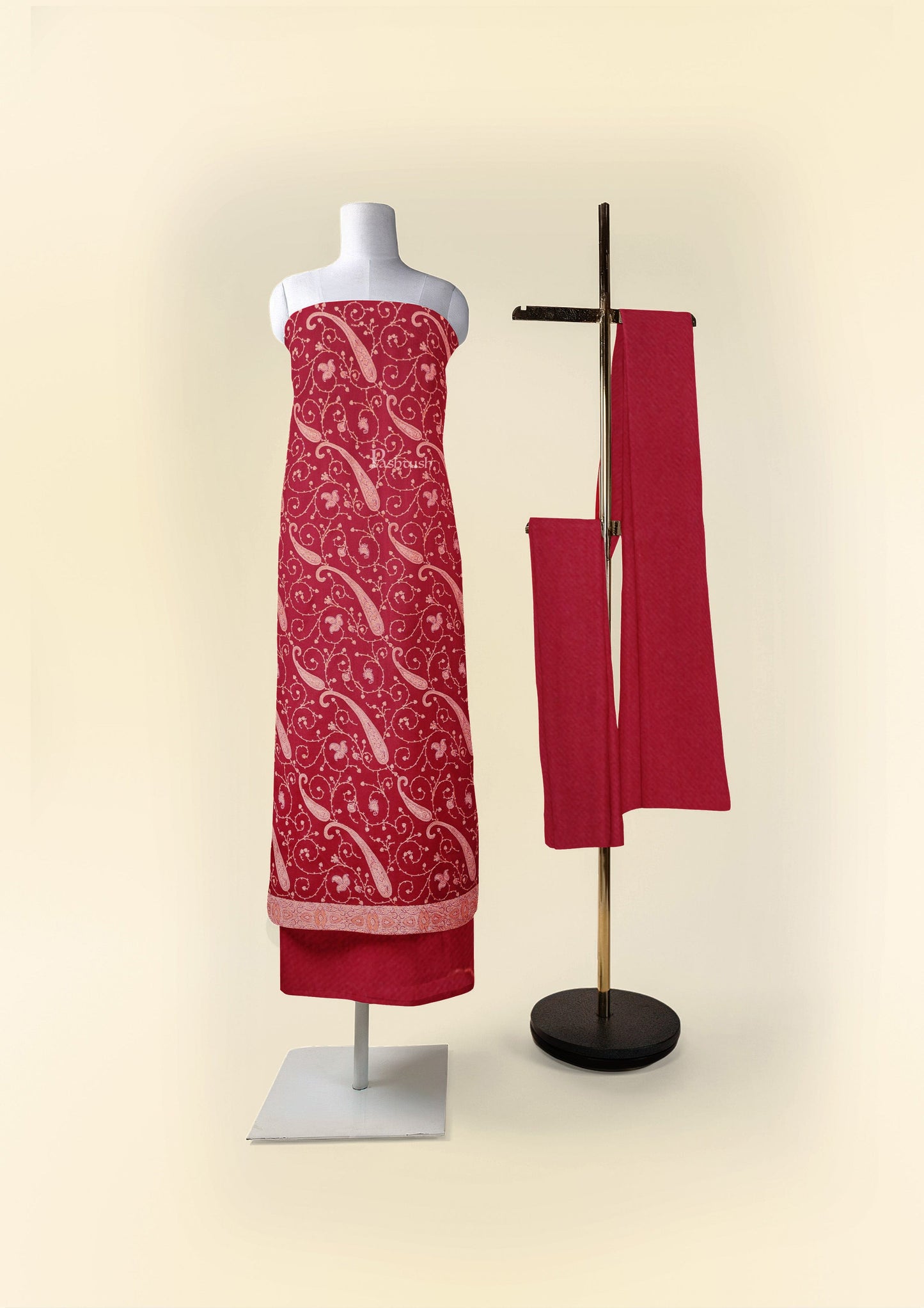 Pashtush India Apparel & Accessories Pashtush Unstitched Kashmiri Embroidery Suit with shawl, Fine Wool, Soft and Warm, Maroon