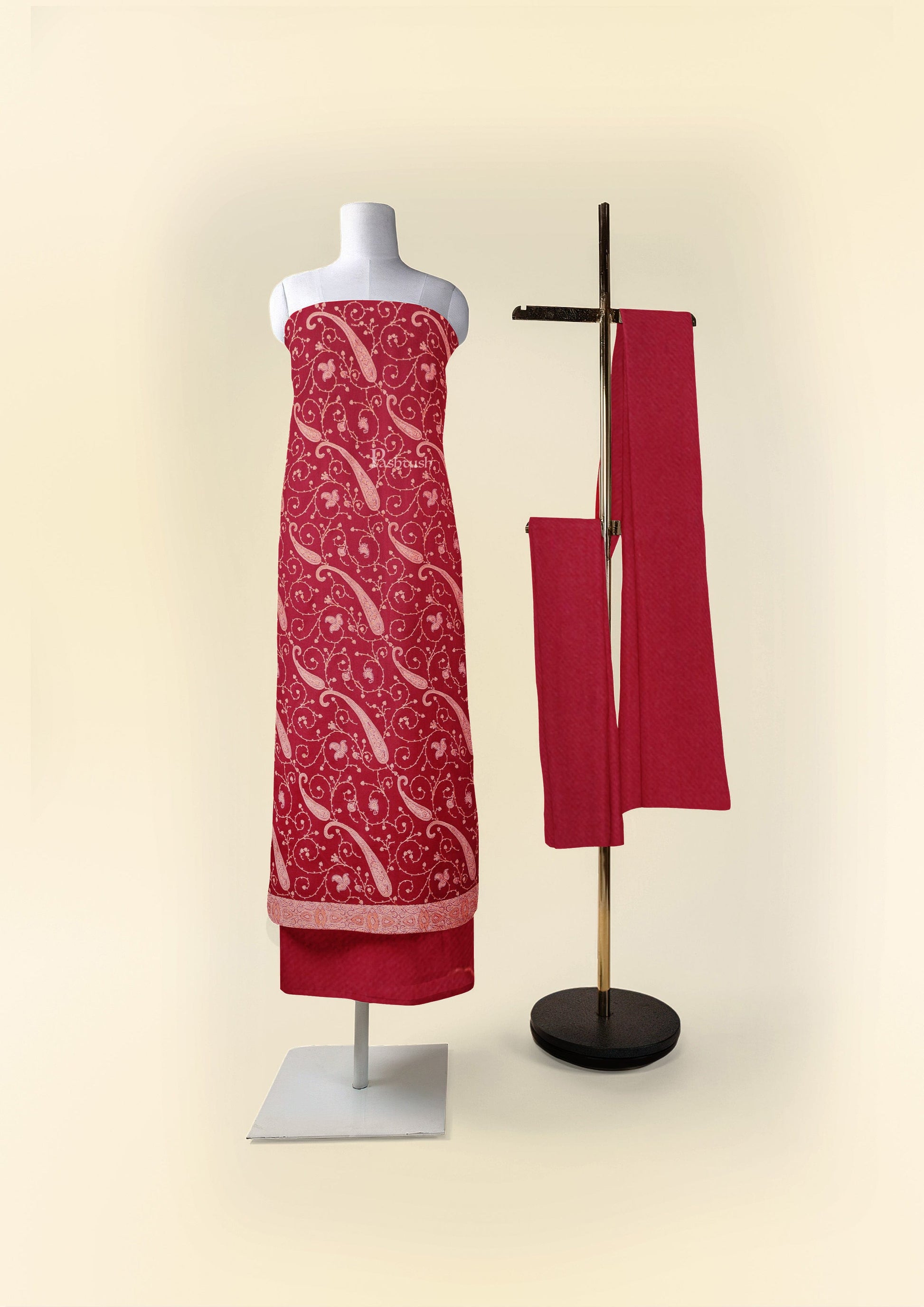 Pashtush India Apparel & Accessories Pashtush Unstitched Kashmiri Embroidery Suit with shawl, Fine Wool, Soft and Warm, Maroon