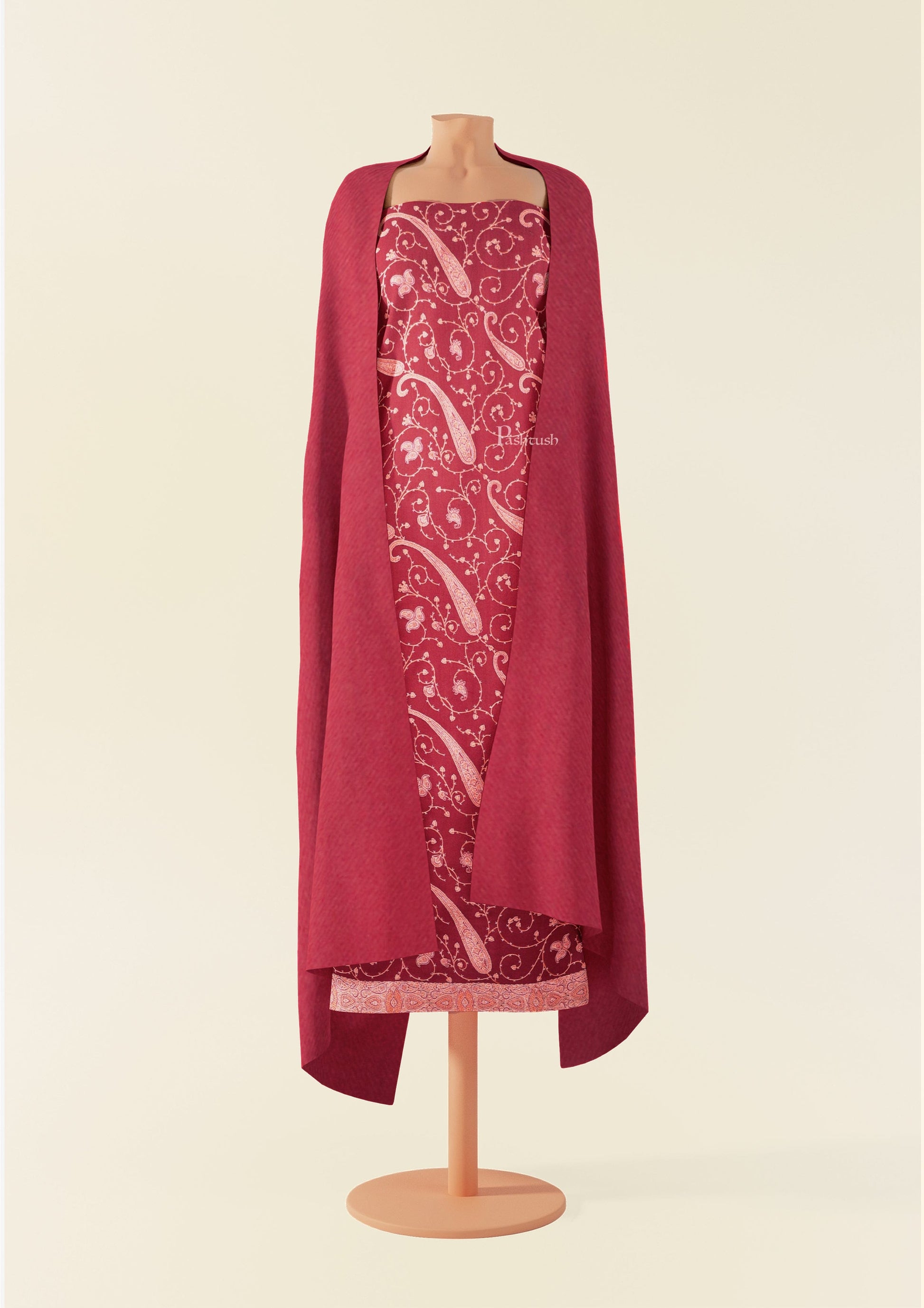 Pashtush India Apparel & Accessories Pashtush Unstitched Kashmiri Embroidery Suit with shawl, Fine Wool, Soft and Warm, Maroon