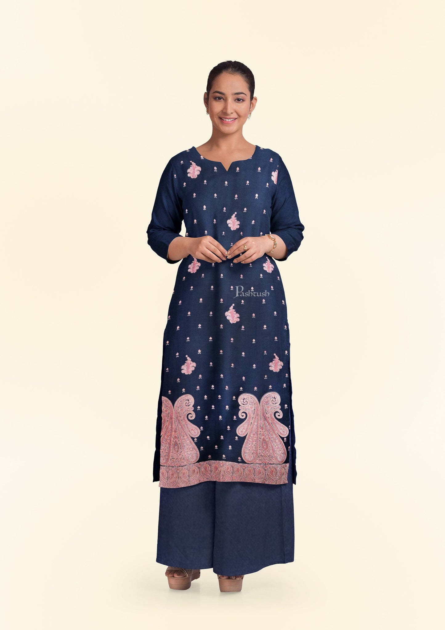 Pashtush India Apparel & Accessories Pashtush Unstitched Kashmiri Embroidery Suit with shawl, Fine Wool, Soft and Warm, Navy Blue