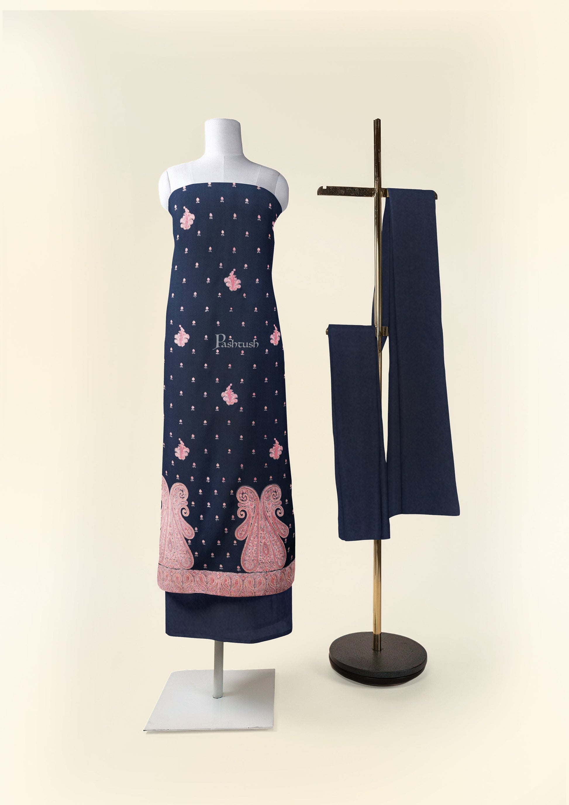Pashtush India Apparel & Accessories Pashtush Unstitched Kashmiri Embroidery Suit with shawl, Fine Wool, Soft and Warm, Navy Blue