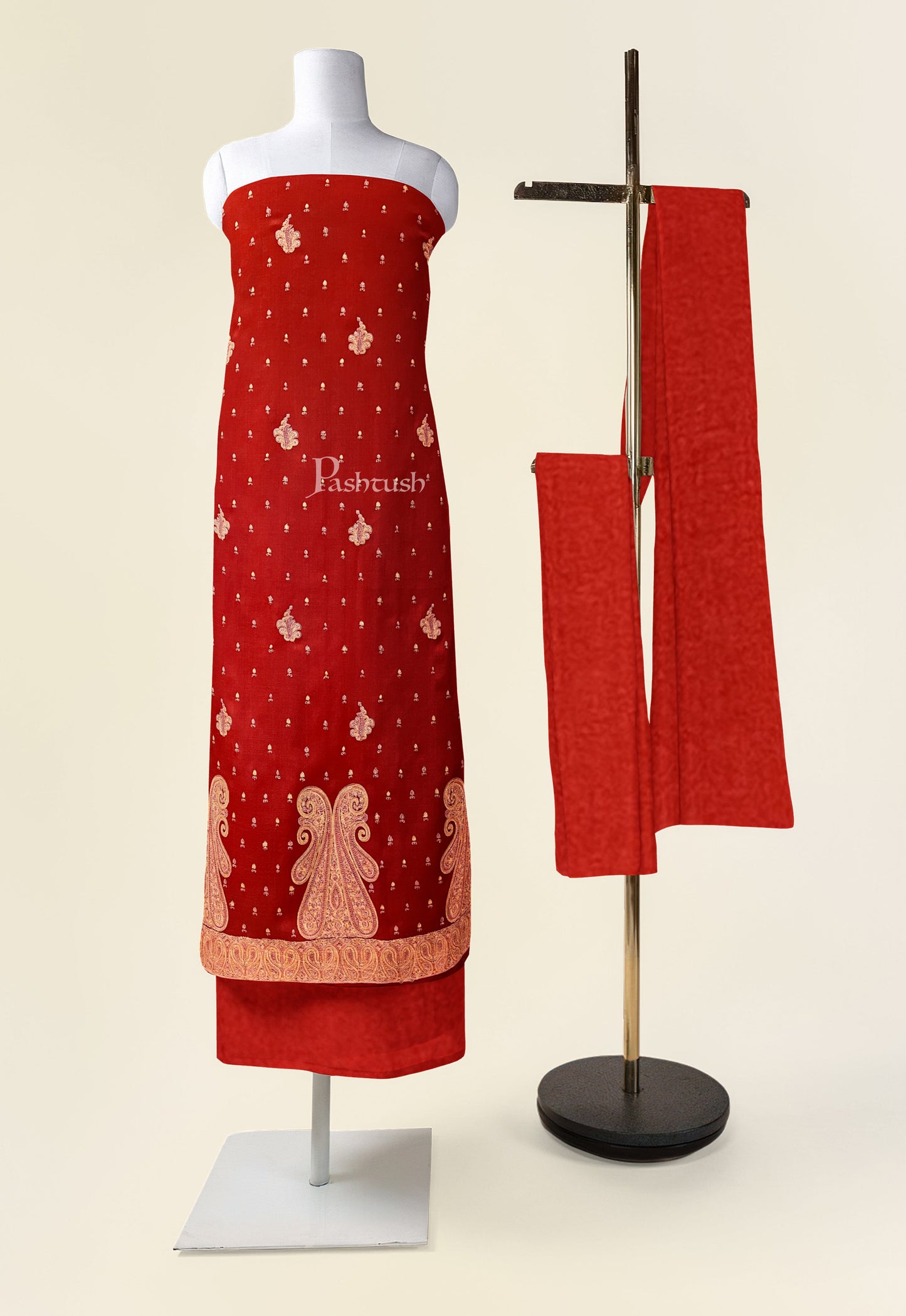 Pashtush India Apparel & Accessories Pashtush Unstitched Kashmiri Embroidery Suit with shawl, Fine Wool, Soft and Warm, Red