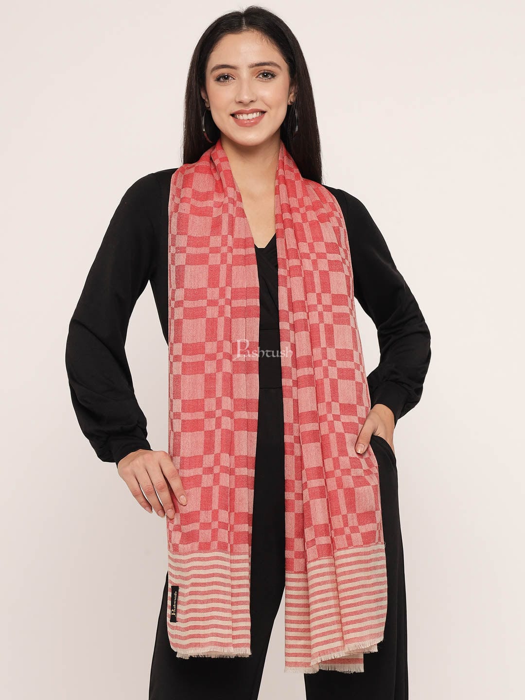 Pashtush India Womens Stoles and Scarves Scarf Pashtush Women Extra Fine wool check design stole, red
