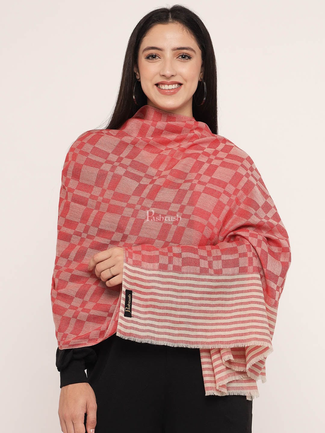 Pashtush India Womens Stoles and Scarves Scarf Pashtush Women Extra Fine wool check design stole, red