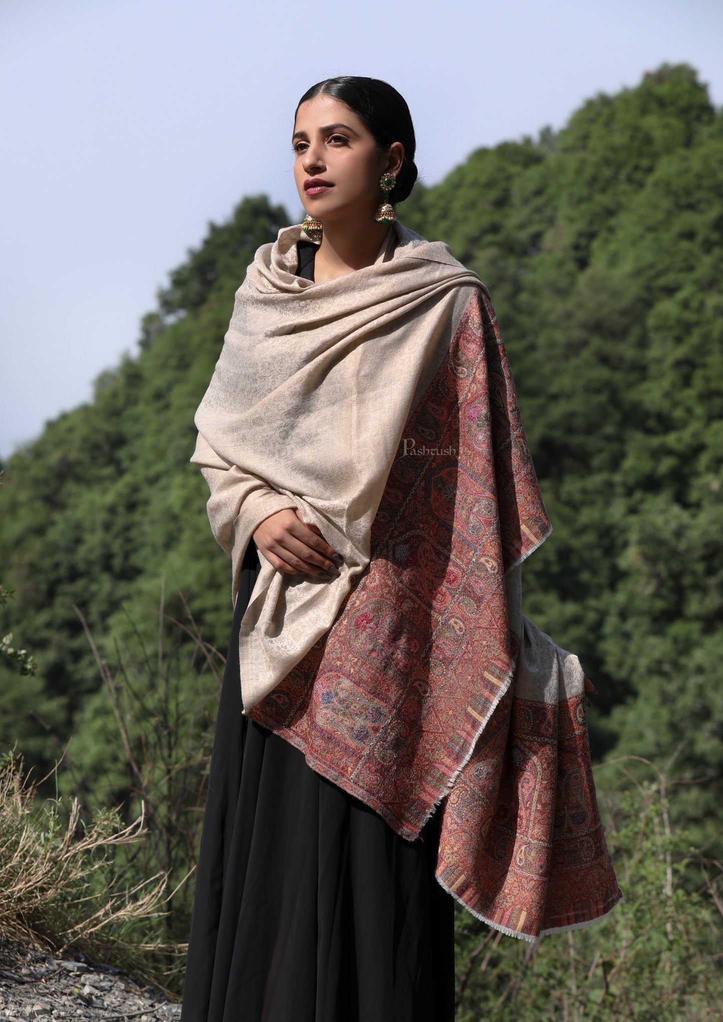 Pashtush India Womens Shawls Pashtush women Extra Fine Wool shawl, Ethnic design, Beige
