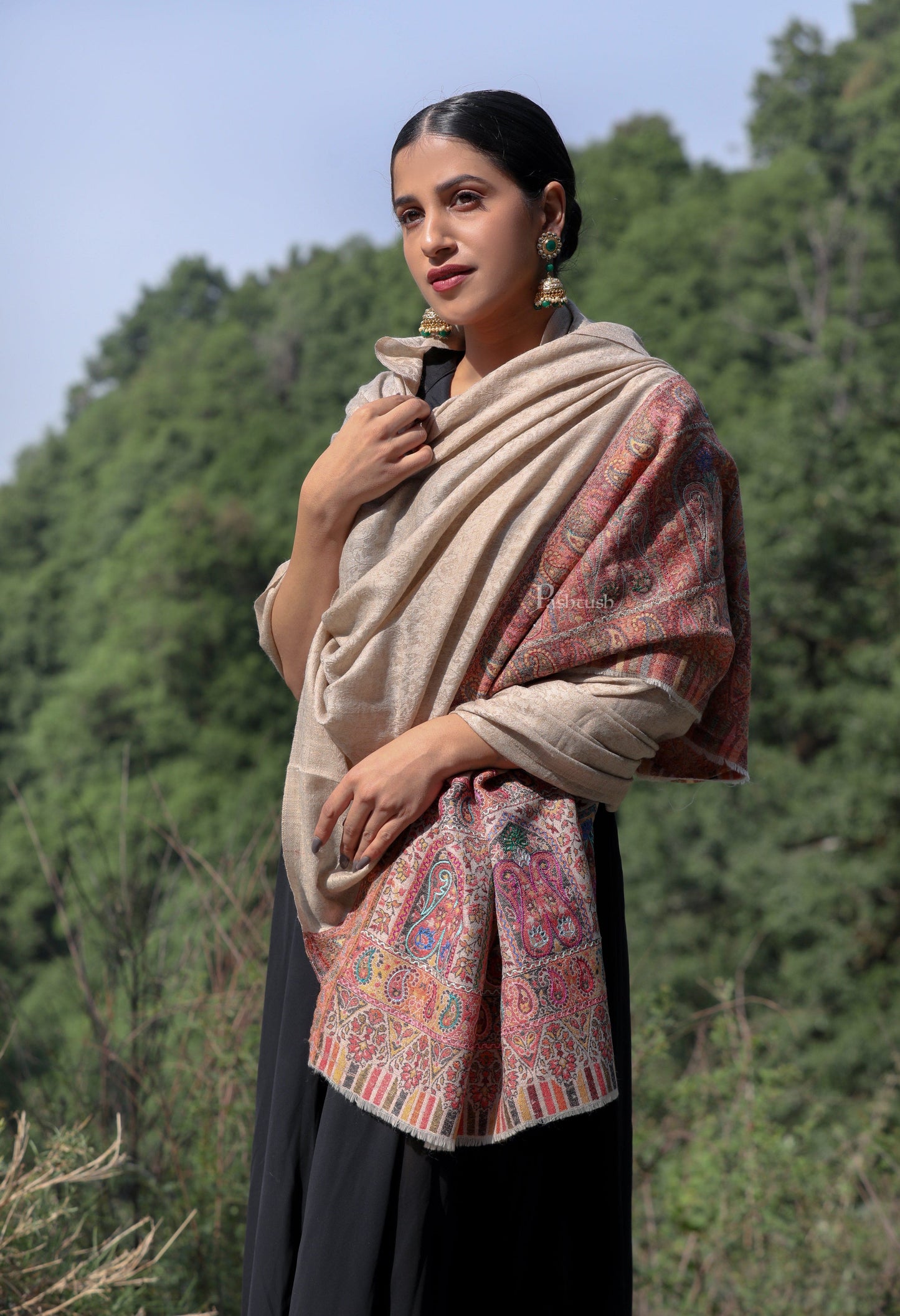 Pashtush India Womens Shawls Pashtush women Extra Fine Wool shawl, Ethnic design, Beige