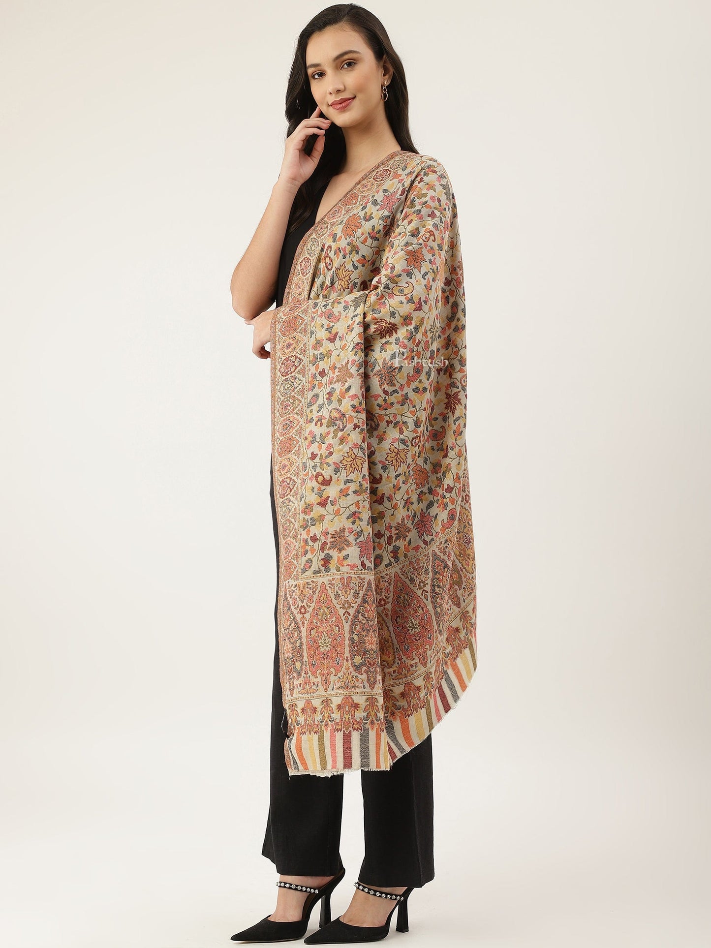 Pashtush India Womens Shawls Pashtush women Extra Fine Wool shawl, ethnic motifs design, Beige