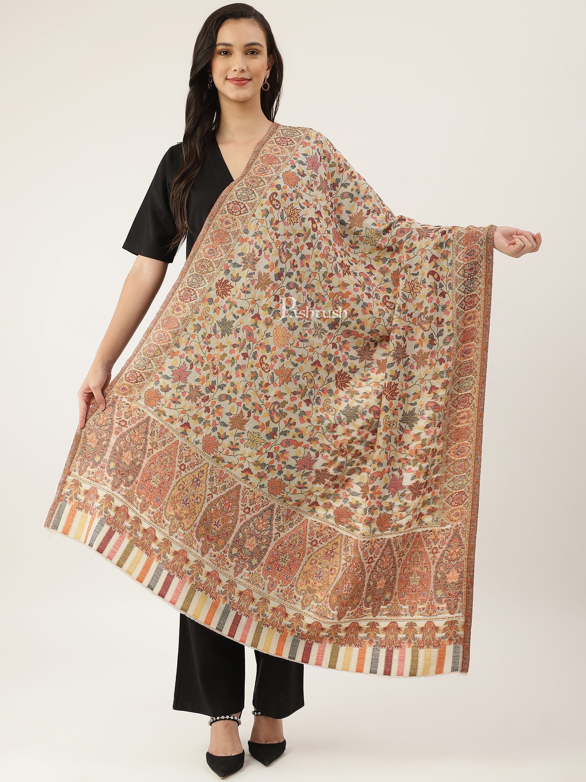 Pashtush India Womens Shawls Pashtush women Extra Fine Wool shawl, ethnic motifs design, Beige