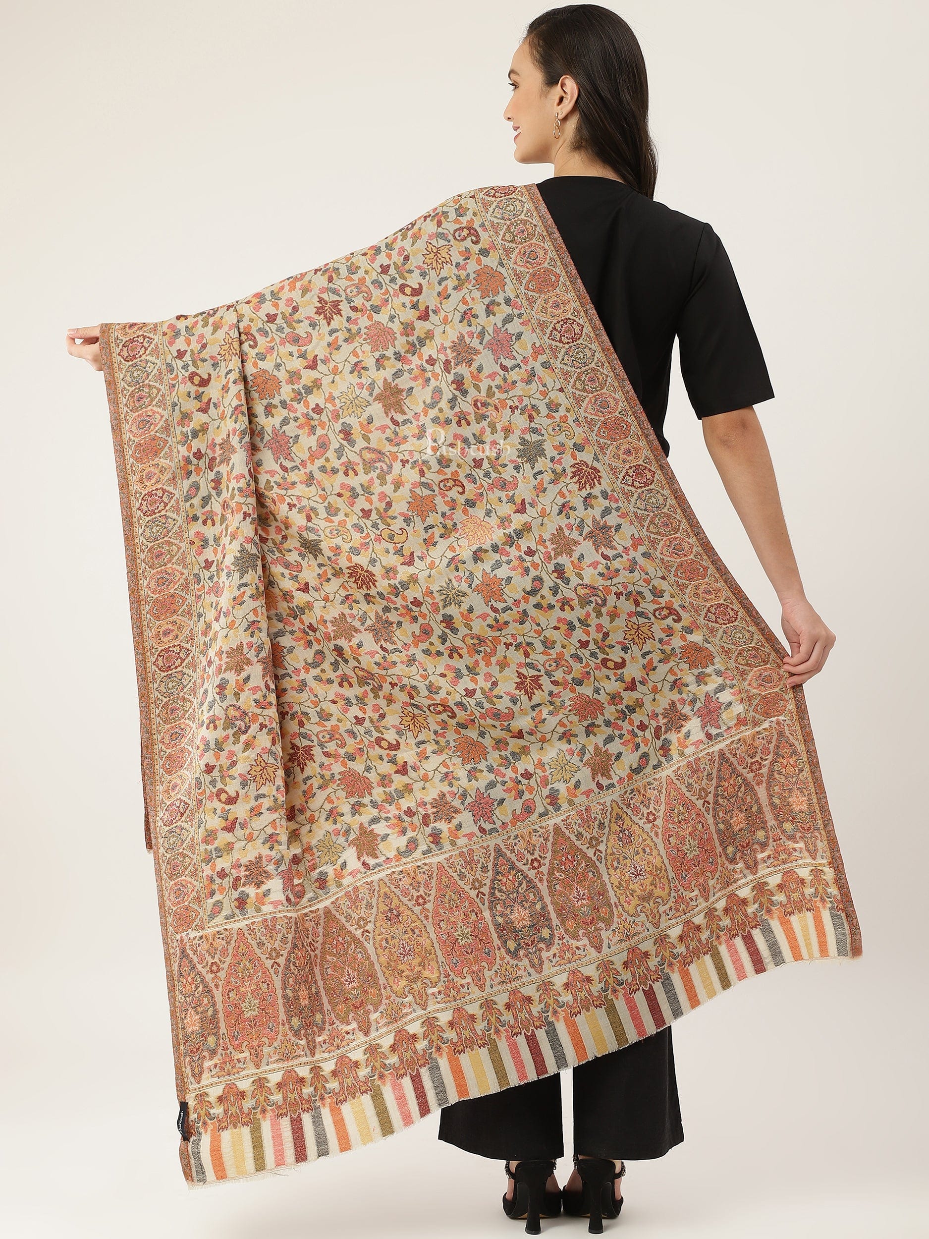 Pashtush India Womens Shawls Pashtush women Extra Fine Wool shawl, ethnic motifs design, Beige