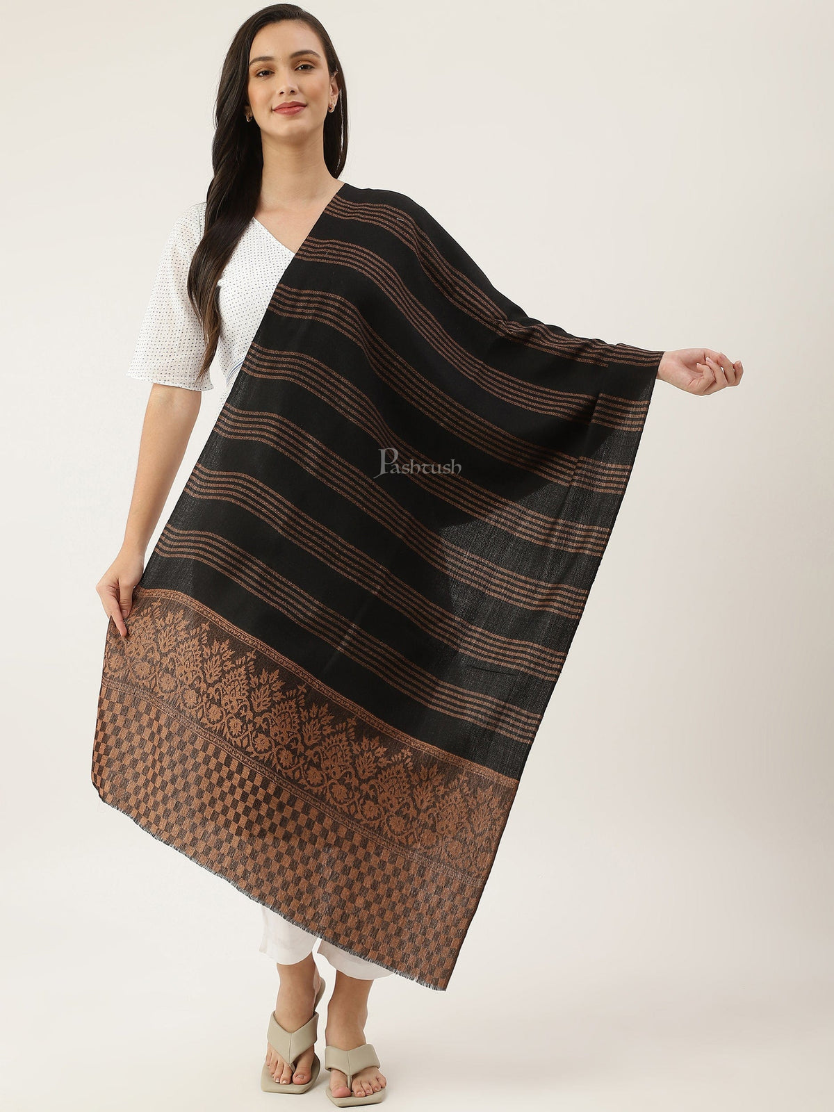 Pashtush India Womens Stoles and Scarves Scarf Pashtush women Extra Fine Wool stole, check design, black
