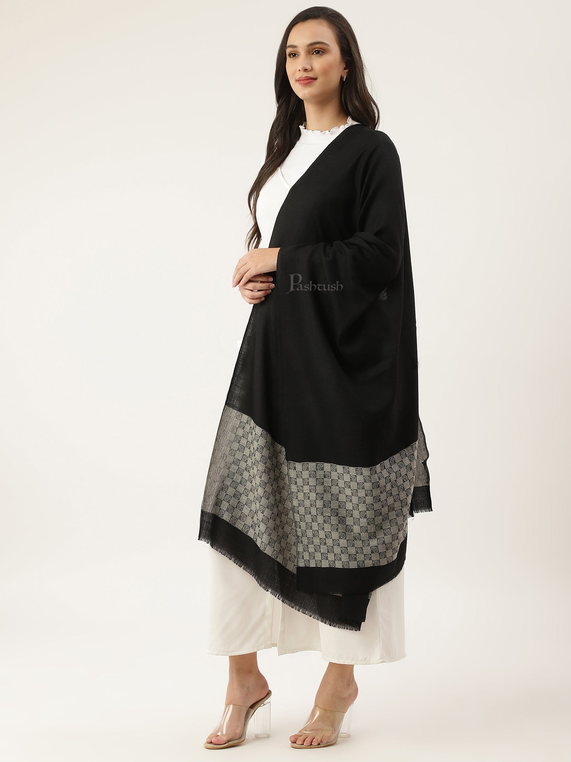 Pashtush India Womens Stoles and Scarves Scarf Pashtush women Extra Fine Wool stole, check palla design, Black